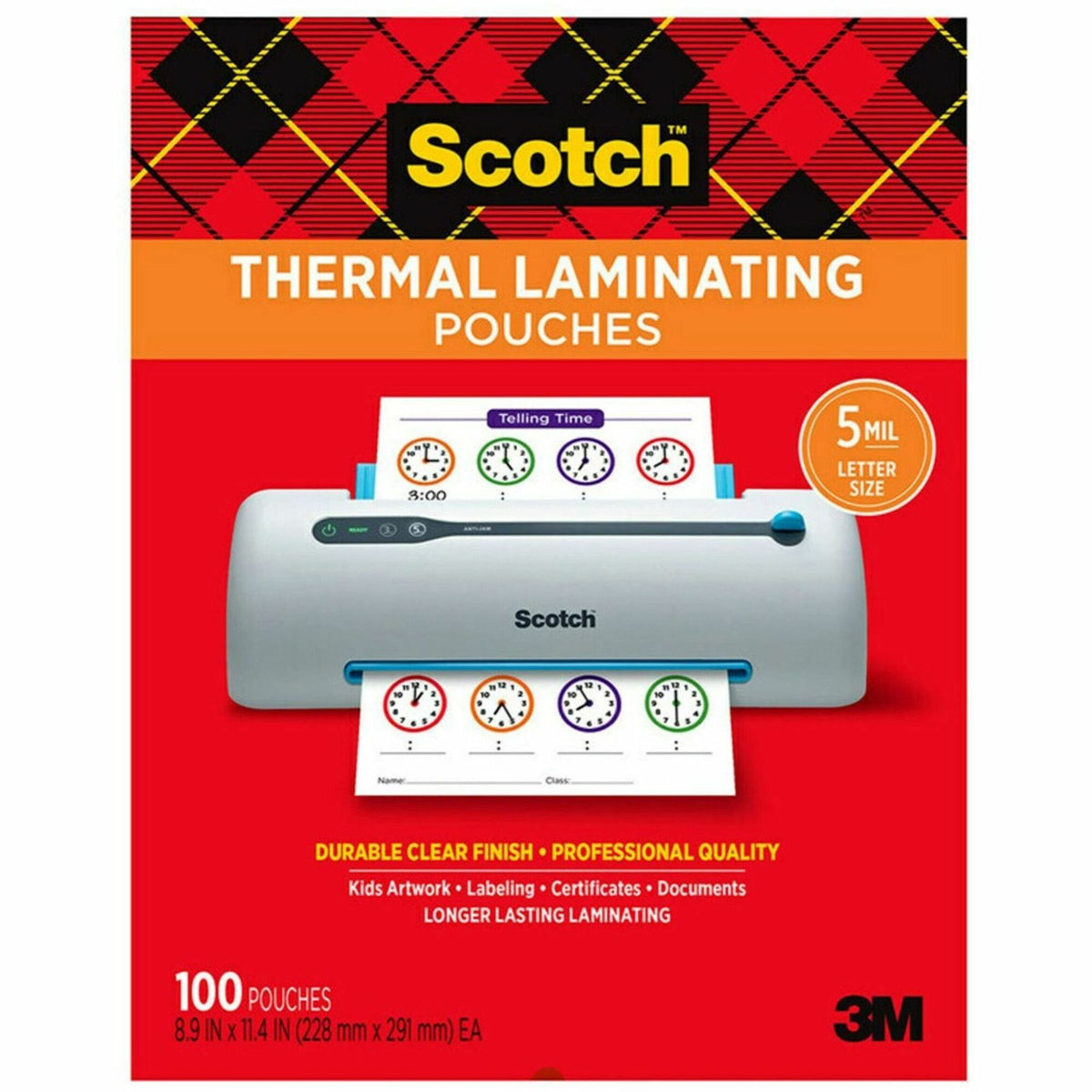Scotch Thermal Laminating Pouches - Sheet Size Supported: Letter 8.50" Width x 11" Length - Laminating Pouch/Sheet Size: 8.90" Width x 5 mil Thickness - for Sign, Schedule, Artwork, Certificate - Durable, Photo-safe, Thick - Clear - 100 / Pack