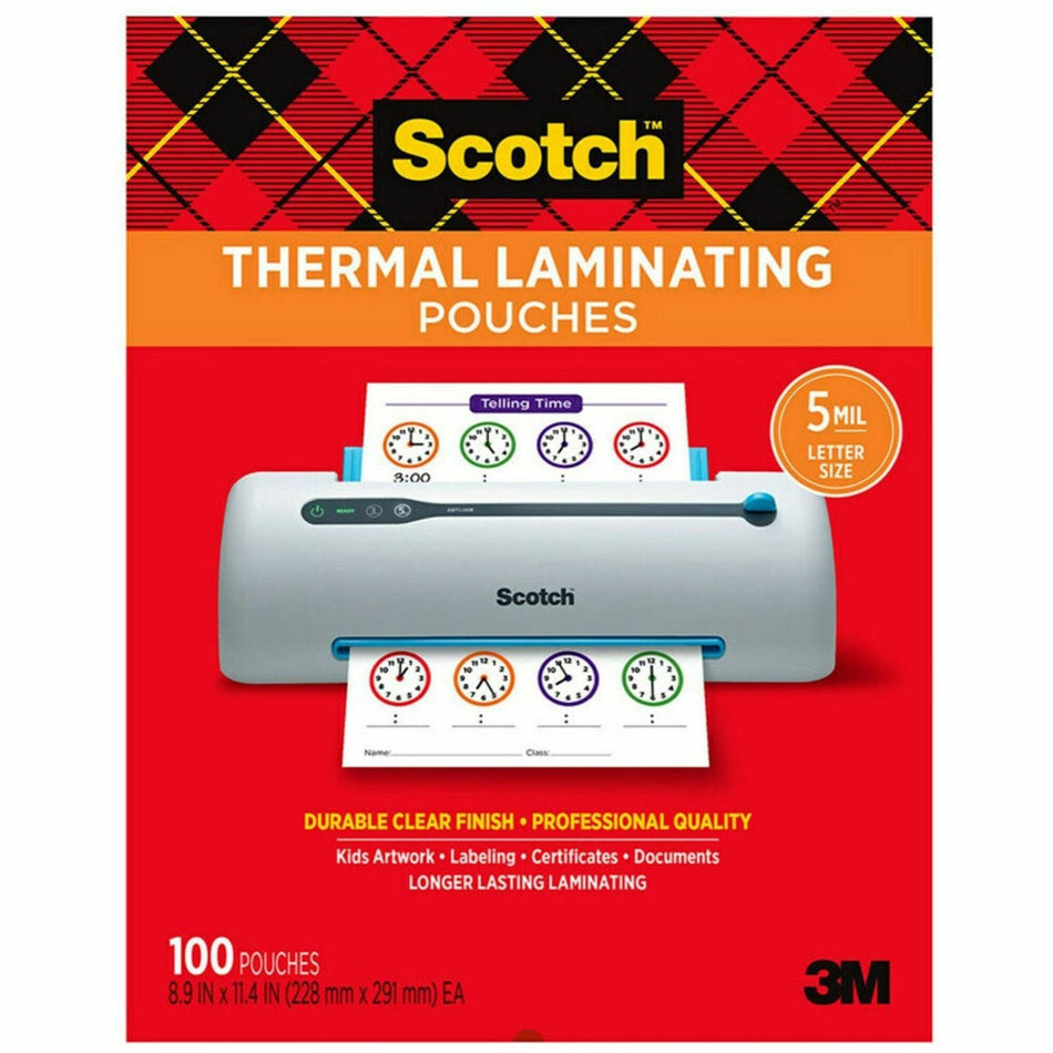 Scotch Thermal Laminating Pouches - Sheet Size Supported: Letter 8.50" Width x 11" Length - Laminating Pouch/Sheet Size: 8.90" Width x 5 mil Thickness - for Sign, Schedule, Artwork, Certificate - Durable, Photo-safe, Thick - Clear - 100 / Pack