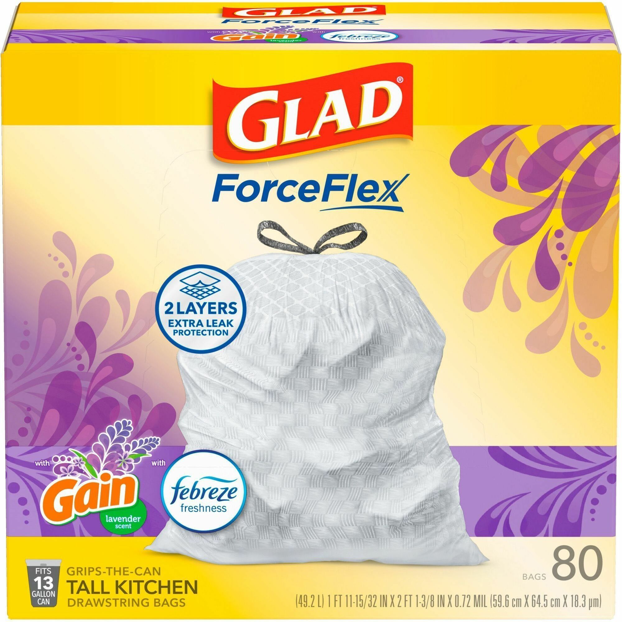 Glad ForceFlex Tall Kitchen Drawstring Trash Bags - Gain Lavender with Febreze Freshness - 13 gal Capacity - 27.36" Length x 24.02" Width x 0.78 mil (20 Micron) Thickness - Drawstring Closure - White - Garbage, Office, Kitchen/ - 80 / Box