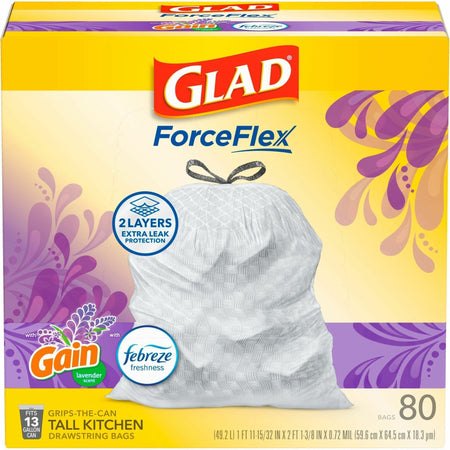 Glad ForceFlex Tall Kitchen Drawstring Trash Bags - Gain Lavender with Febreze Freshness - 13 gal Capacity - 27.36" Length x 24.02" Width x 0.78 mil (20 Micron) Thickness - Drawstring Closure - White - Garbage, Office, Kitchen/ - 80 / Box