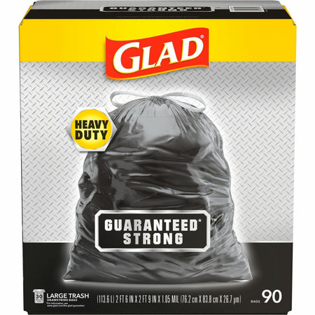 Glad Strong Large Drawstring Trash Bags - Large Size - 30 gal Capacity - 32.99" Length x 30" Width x 1.05 mil (27 Micron) Thickness - Drawstring Closure - Black - Plastic - Garbage, Indoor, Outdoor - 90 / Carton