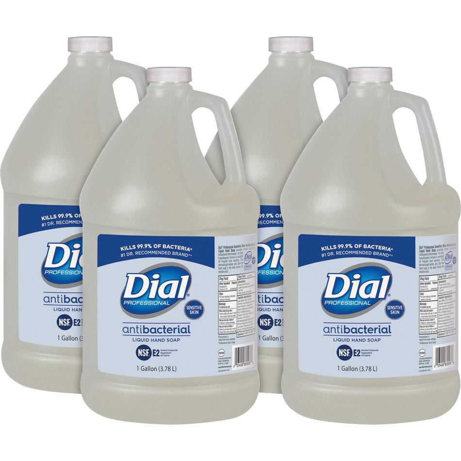 Dial Sensitive Skin Antibacterial Liquid Hand Soap Refill - 1 gal - Kill Germs, Bacteria Remover, Yeast Remover, Mold Remover - Skin, Hand - Clear - 4 / Carton