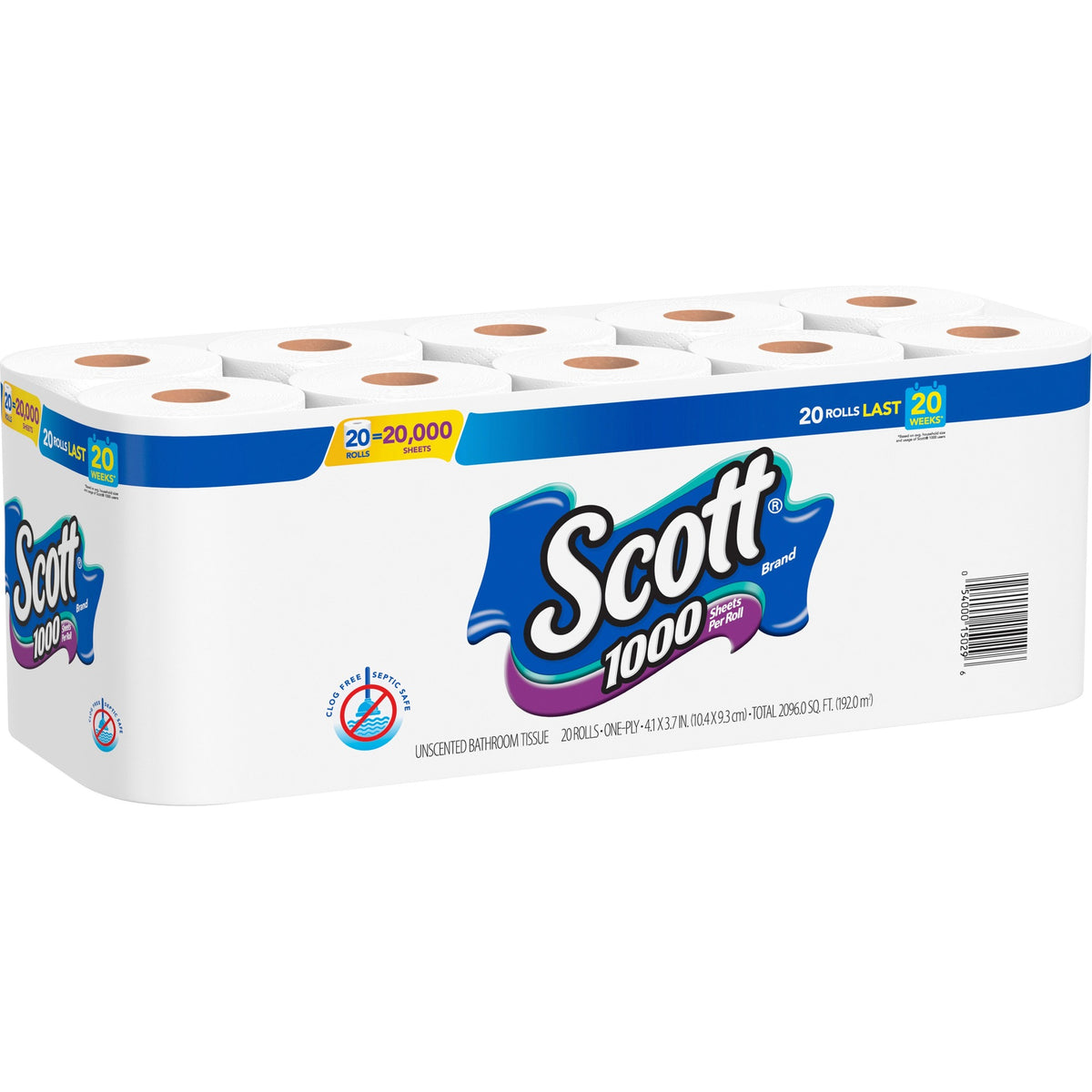 Scott Toilet Paper - 1 Ply - 1000 Sheets/Roll - White - PaperPack - 20/Pack - 2 / Carton