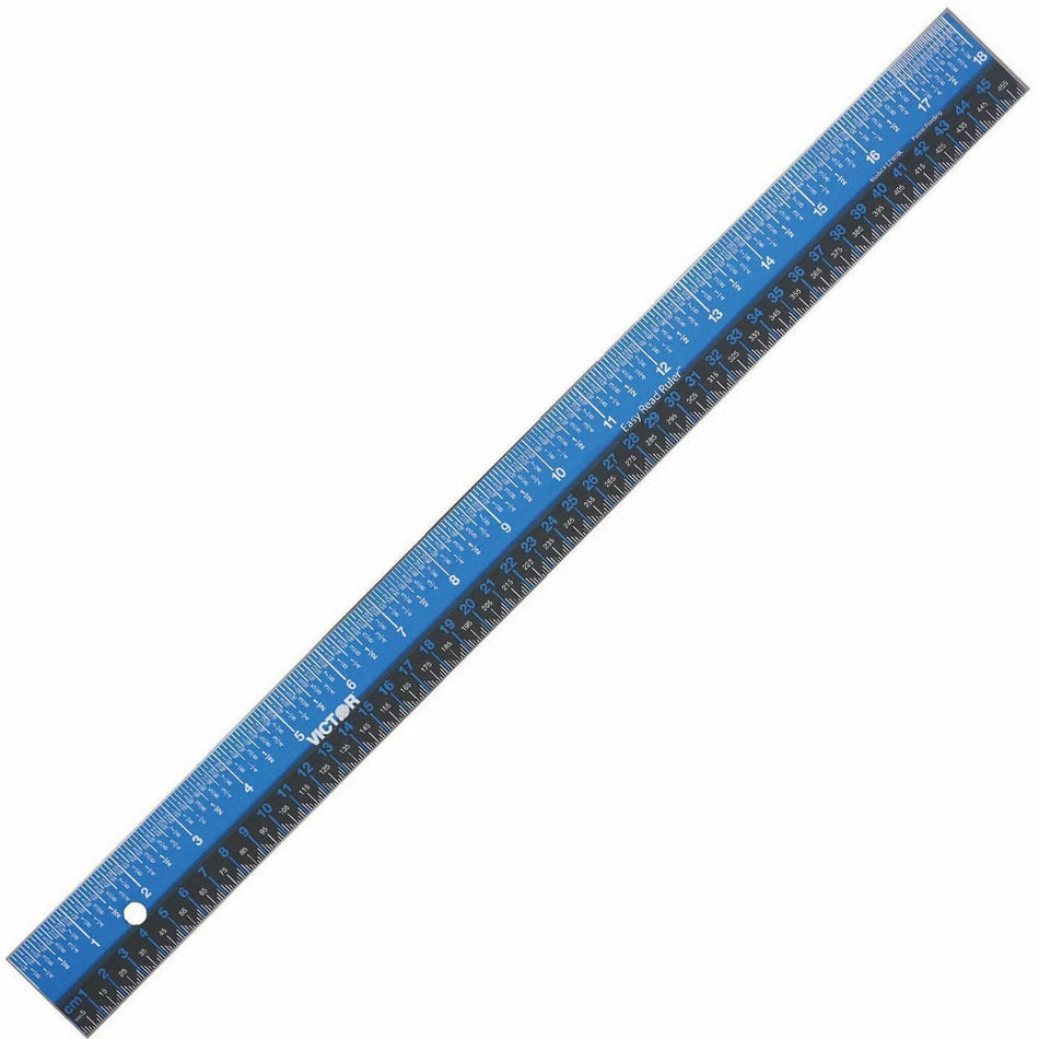 Victor Easy Read 18 Inch Blue Stainless Steel Ruler - 18" Length - 1/4, 1/8, 1/16 Graduations - Imperial, Metric Measuring System - Stainless Steel - Blue