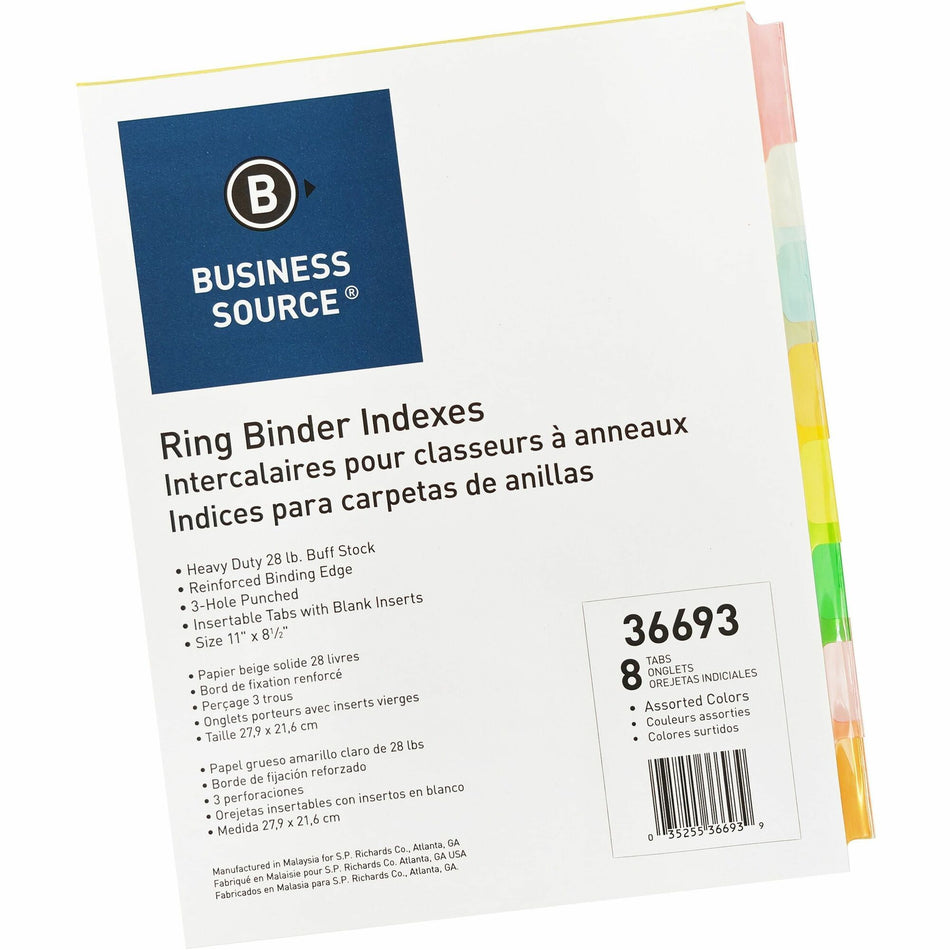 Business Source Insertable Tab Ring Binder Indexes - 8 Blank Tab(s) - 1.50" Tab Width - 8.5" Divider Width x 11" Divider Length - Letter - 3 Hole Punched - Multicolor Tab(s) - Tear Resistant, Reinforced Edges, Punched, Insertable Tab - 50 / Box