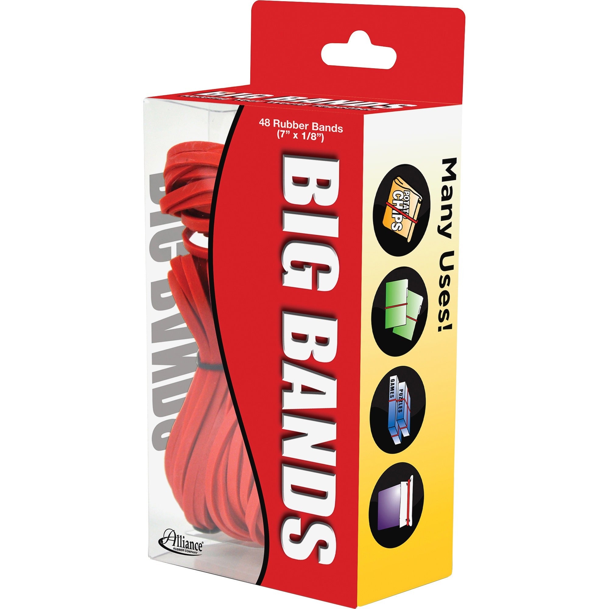 Alliance Rubber Big Bands - Size: Large - 7" Length x 125 mil Thickness - Stretchable, Microwave Safe, Freezer Safe, Reusable, Heavy Duty - Red - 48 / Pack
