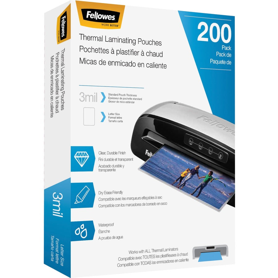 Fellowes Letter-Size Thermal Laminating Pouches - Sheet Size Supported: Letter 8.50" Width x 11" Length - Laminating Pouch/Sheet Size: 9" Width x 3 mil Thickness - Durable - Clear - 200 / Pack