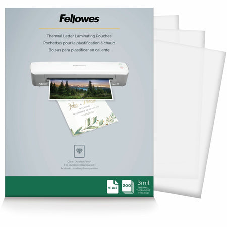 Fellowes Letter-Size Thermal Laminating Pouches - Sheet Size Supported: Letter 8.50" Width x 11" Length - Laminating Pouch/Sheet Size: 9" Width x 3 mil Thickness - Durable - Clear - 200 / Pack