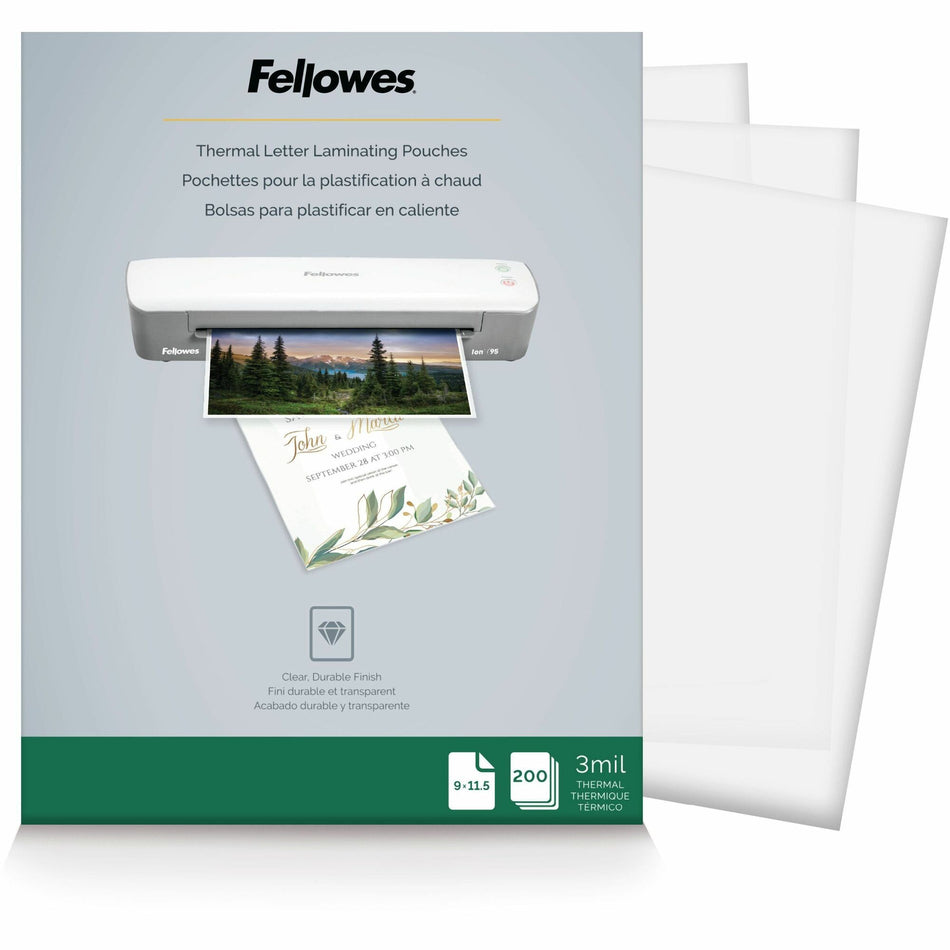 Fellowes Letter-Size Thermal Laminating Pouches - Sheet Size Supported: Letter 8.50" Width x 11" Length - Laminating Pouch/Sheet Size: 9" Width x 3 mil Thickness - Durable - Clear - 200 / Pack