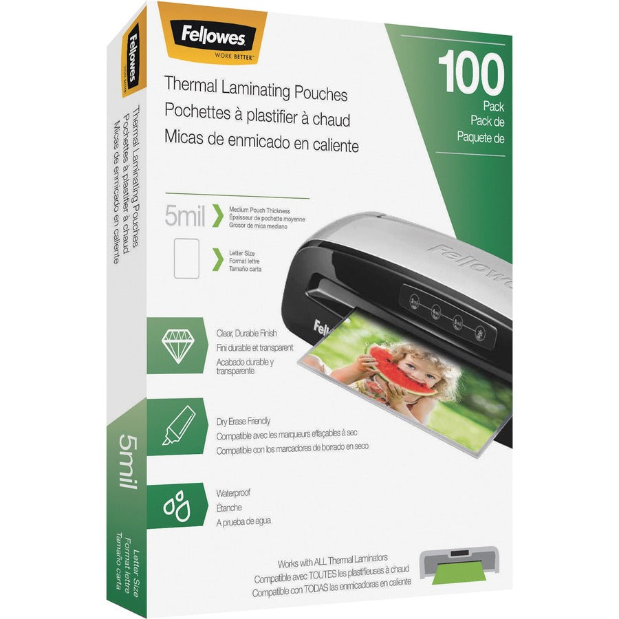 Fellowes Letter-Size Thermal Laminating Pouches - Sheet Size Supported: Letter 8.50" Width x 11" Length - Laminating Pouch/Sheet Size: 9" Width x 5 mil Thickness - Glossy - for Document - Durable, Photo-safe, Erasable, Water Proof - Clear - 100 / Pack