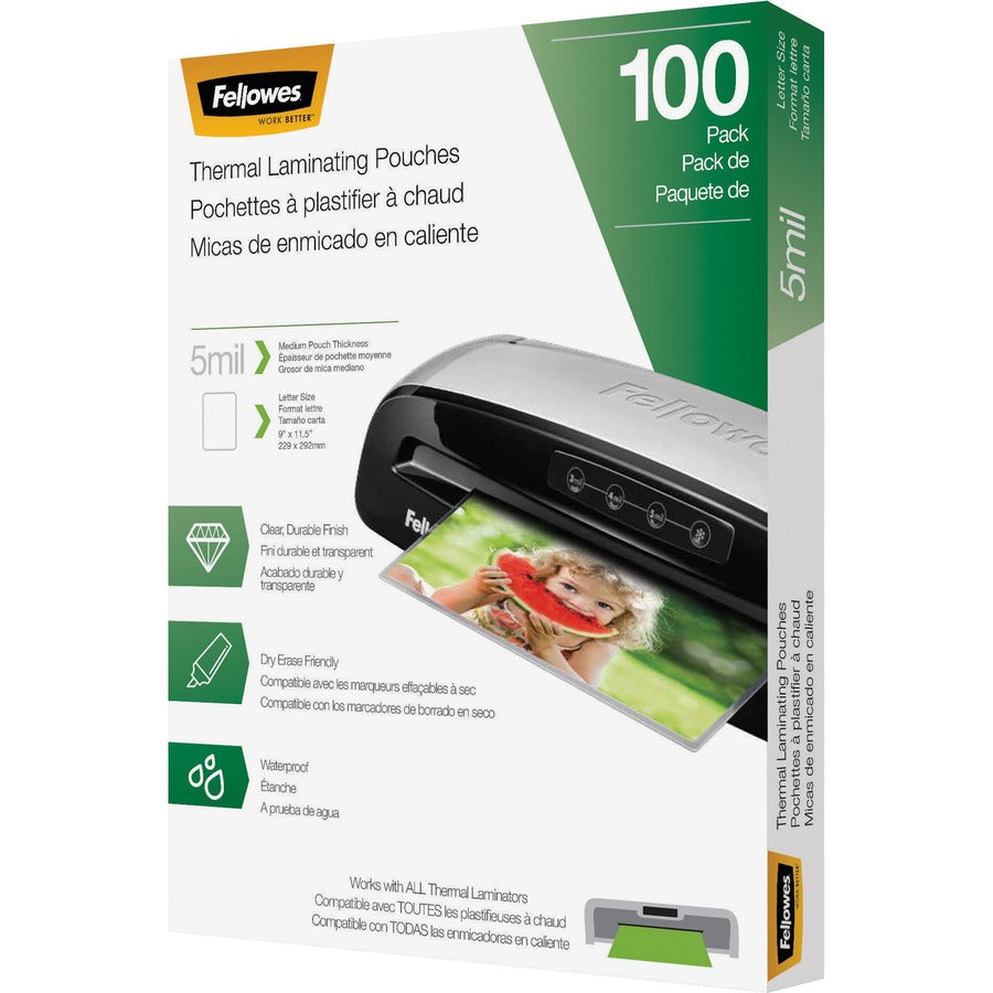 Fellowes Letter-Size Thermal Laminating Pouches - Sheet Size Supported: Letter 8.50" Width x 11" Length - Laminating Pouch/Sheet Size: 9" Width x 5 mil Thickness - Glossy - for Document - Durable, Photo-safe, Erasable, Water Proof - Clear - 100 / Pack