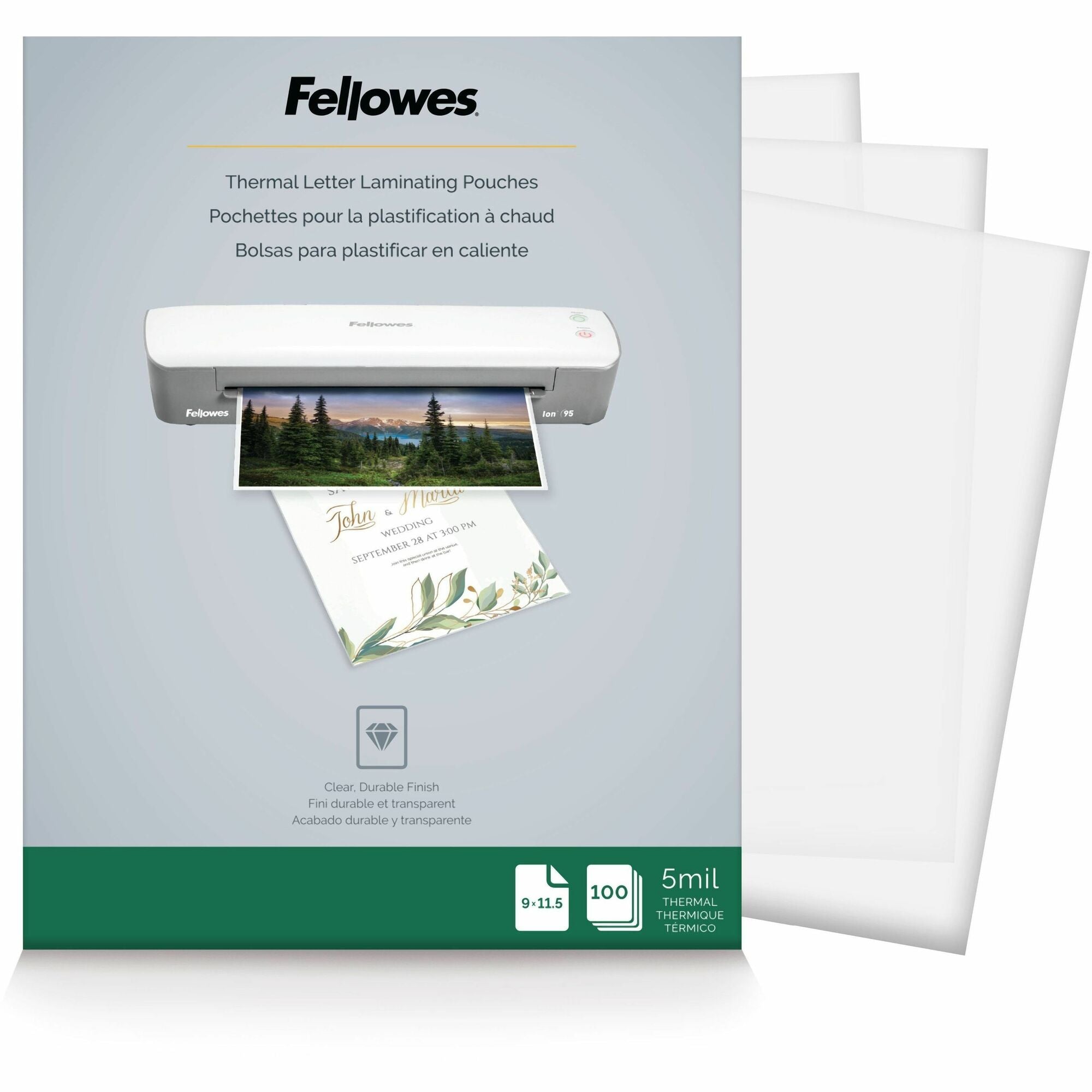 Fellowes Letter-Size Thermal Laminating Pouches - Sheet Size Supported: Letter 8.50" Width x 11" Length - Laminating Pouch/Sheet Size: 9" Width x 5 mil Thickness - Glossy - for Document - Durable, Photo-safe, Erasable, Water Proof - Clear - 100 / Pack