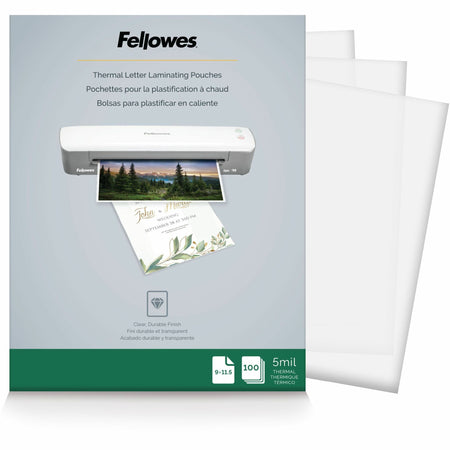 Fellowes Letter-Size Thermal Laminating Pouches - Sheet Size Supported: Letter 8.50" Width x 11" Length - Laminating Pouch/Sheet Size: 9" Width x 5 mil Thickness - Glossy - for Document - Durable, Photo-safe, Erasable, Water Proof - Clear - 100 / Pack