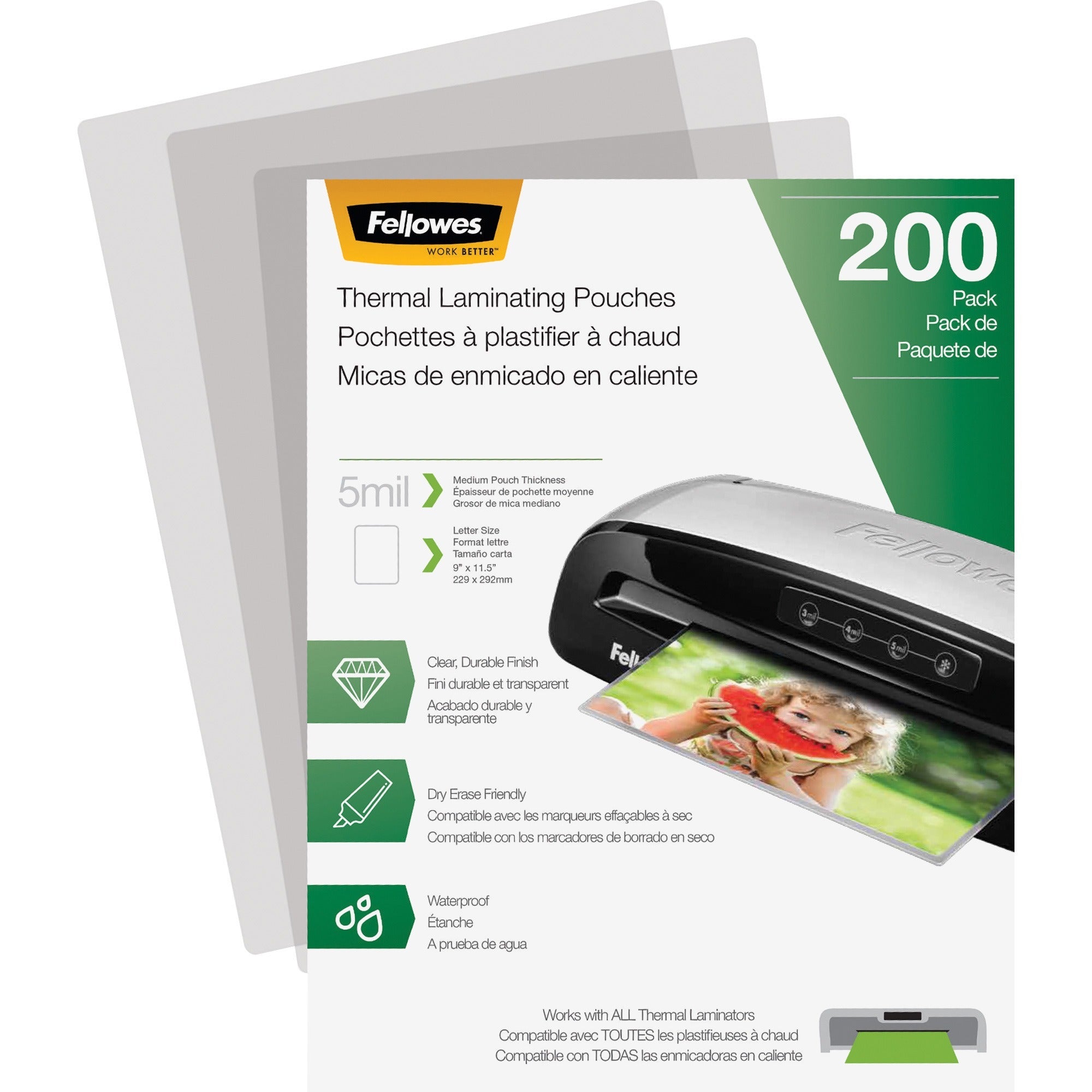 Fellowes Letter-Size Thermal Laminating Pouches - Sheet Size Supported: Letter 8.50" Width x 11" Length - Laminating Pouch/Sheet Size: 9" Width x 5 mil Thickness - Glossy - for Document - Durable, Photo-safe, Erasable, Water Proof - Clear - 200 / Pack