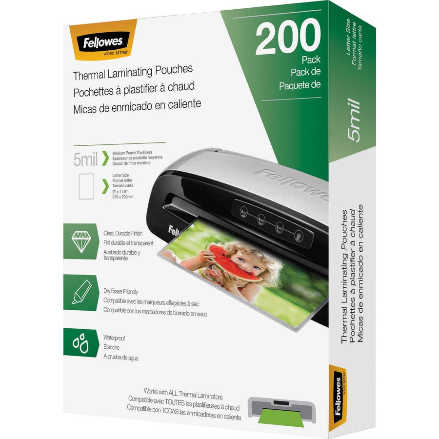 Fellowes Letter-Size Thermal Laminating Pouches - Sheet Size Supported: Letter 8.50" Width x 11" Length - Laminating Pouch/Sheet Size: 9" Width x 5 mil Thickness - Glossy - for Document - Durable, Photo-safe, Erasable, Water Proof - Clear - 200 / Pack