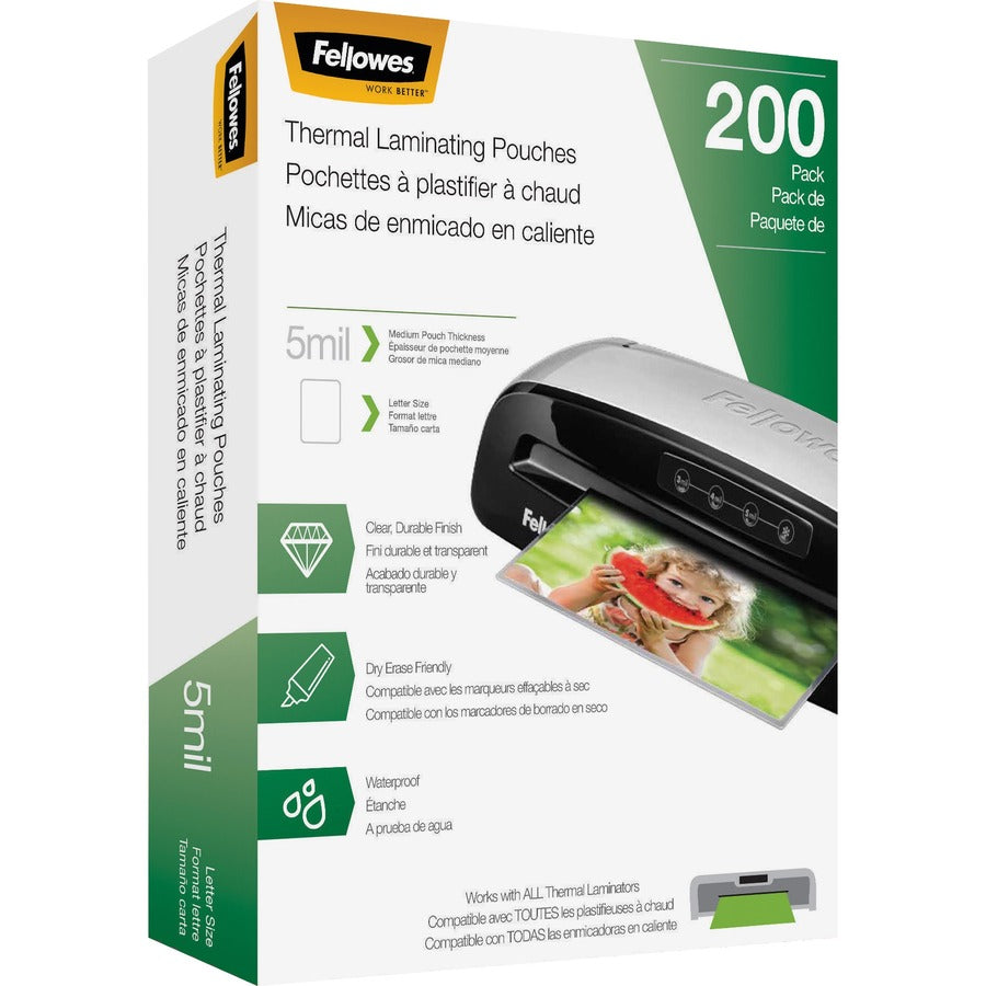 Fellowes Letter-Size Thermal Laminating Pouches - Sheet Size Supported: Letter 8.50" Width x 11" Length - Laminating Pouch/Sheet Size: 9" Width x 5 mil Thickness - Glossy - for Document - Durable, Photo-safe, Erasable, Water Proof - Clear - 200 / Pack