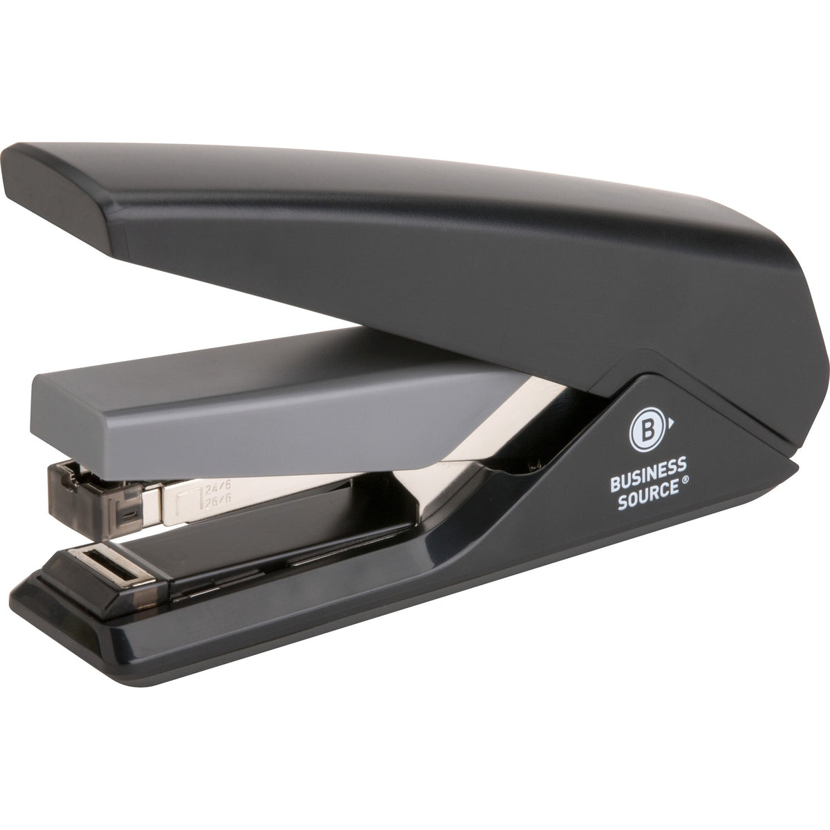 Business Source Full Strip Flat-Clinch Stapler - Staples 30 Sheets - Holds 210 - 0.25’’ Size - Front Loading - Black