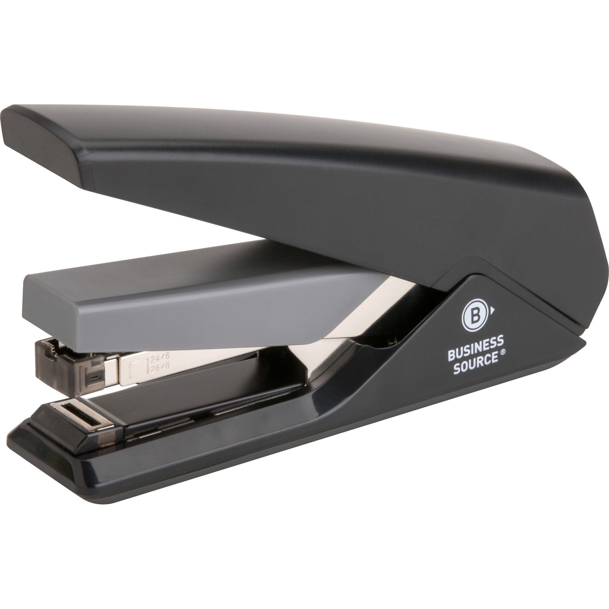 Business Source Full Strip Flat-Clinch Stapler - Staples 30 Sheets - Holds 210 - 0.25’’ Size - Front Loading - Black