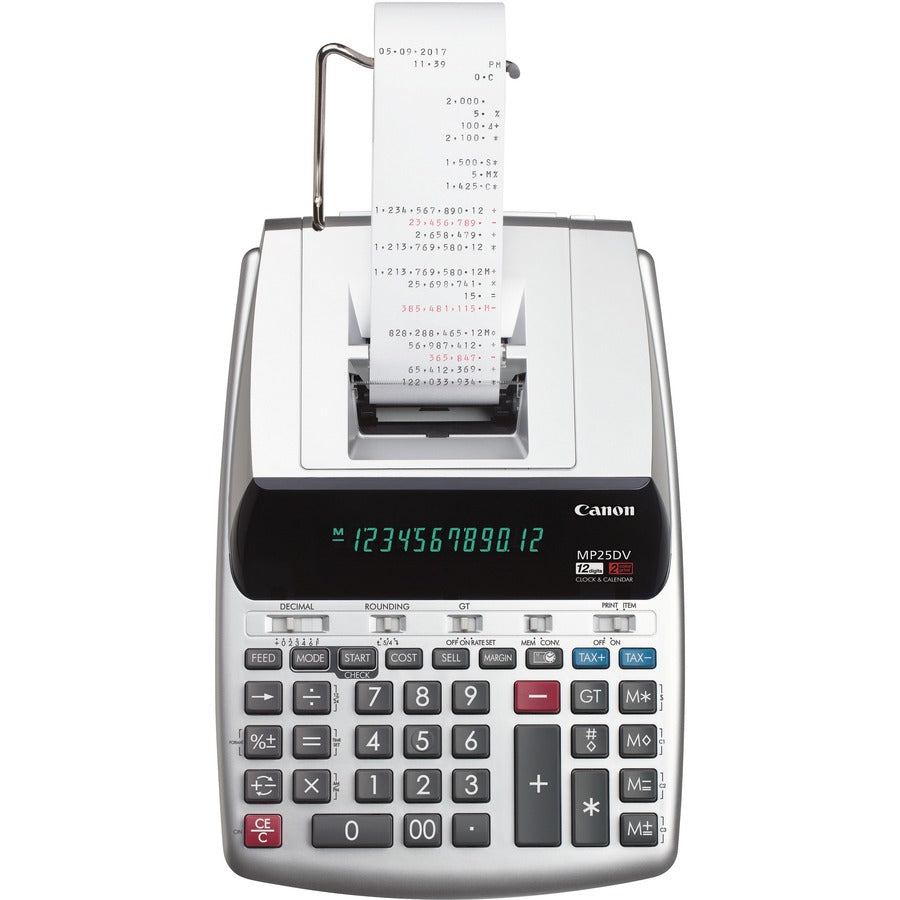 Canon MP25DV-3 Printing Calculator - Dual Color Print - Clock, Calendar, Durable, Sign Change, Built-in Memory - 12 Digits - Silver - 1 Each