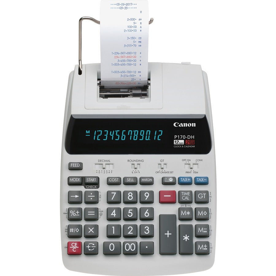 Canon P170-DH-3 Printing Calculators - Calendar, Clock, Item Count, Sign Change, Compact - 12 Digits - 3" Height x 9.6" Width x 15.2" Length - White - 1 Each