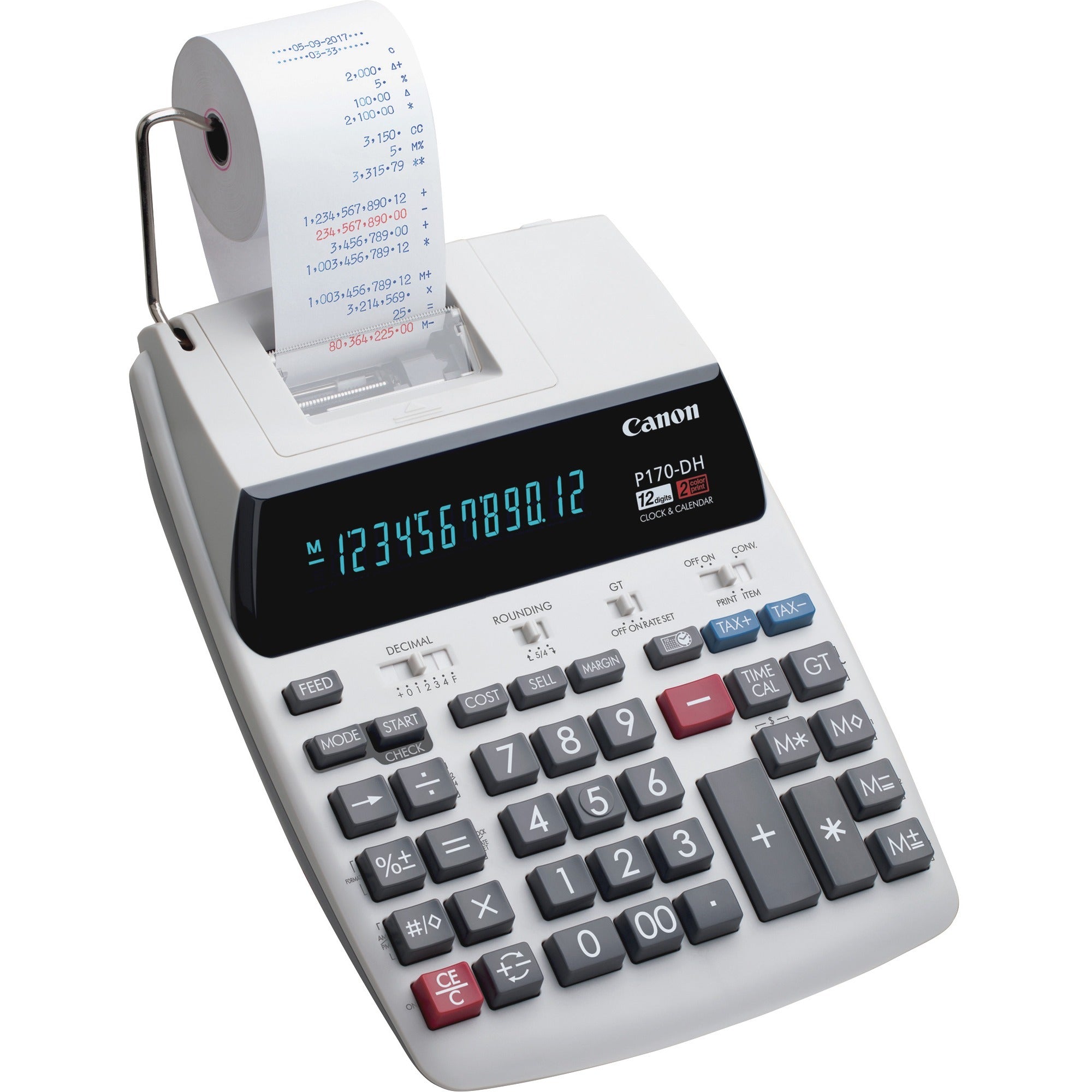 Canon P170-DH-3 Printing Calculators - Calendar, Clock, Item Count, Sign Change, Compact - 12 Digits - 3" Height x 9.6" Width x 15.2" Length - White - 1 Each