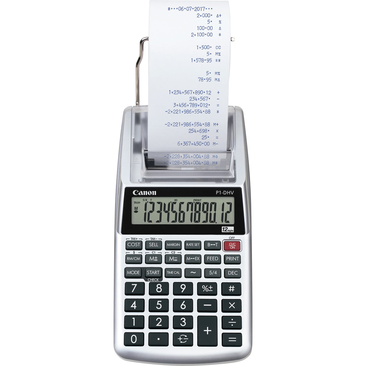 Canon P1DHV3 Compact Printing Calculator - Sign Change, Built-in Memory, Item Count, Clock, Calendar - 12 Digits - 1.6" Height x 3.9" Width x 7.7" Length - Sliver - 1 Each