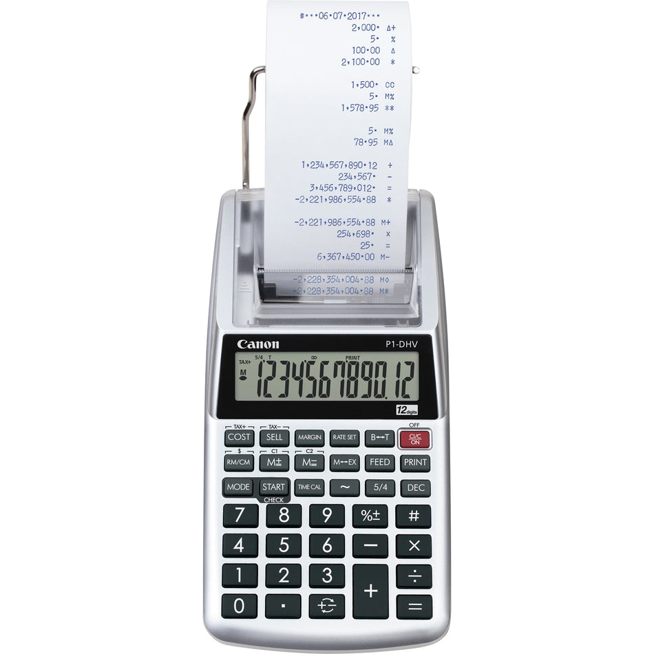 Canon P1DHV3 Compact Printing Calculator - Sign Change, Built-in Memory, Item Count, Clock, Calendar - 12 Digits - 1.6" Height x 3.9" Width x 7.7" Length - Sliver - 1 Each