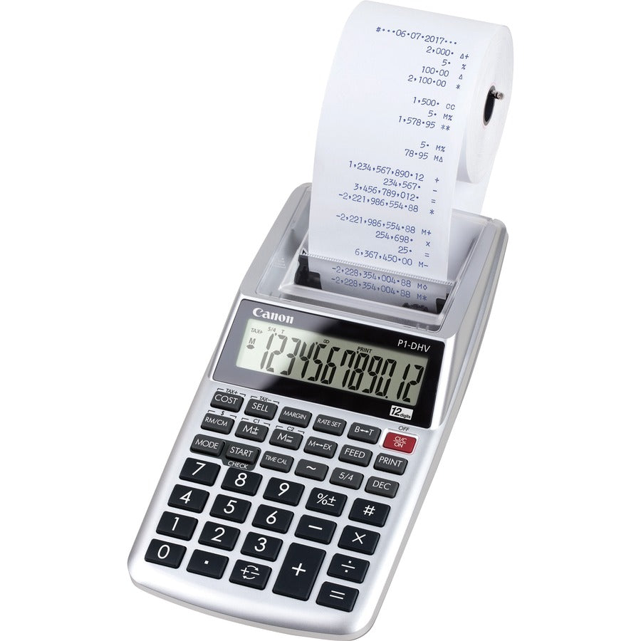 Canon P1DHV3 Compact Printing Calculator - Sign Change, Built-in Memory, Item Count, Clock, Calendar - 12 Digits - 1.6" Height x 3.9" Width x 7.7" Length - Sliver - 1 Each