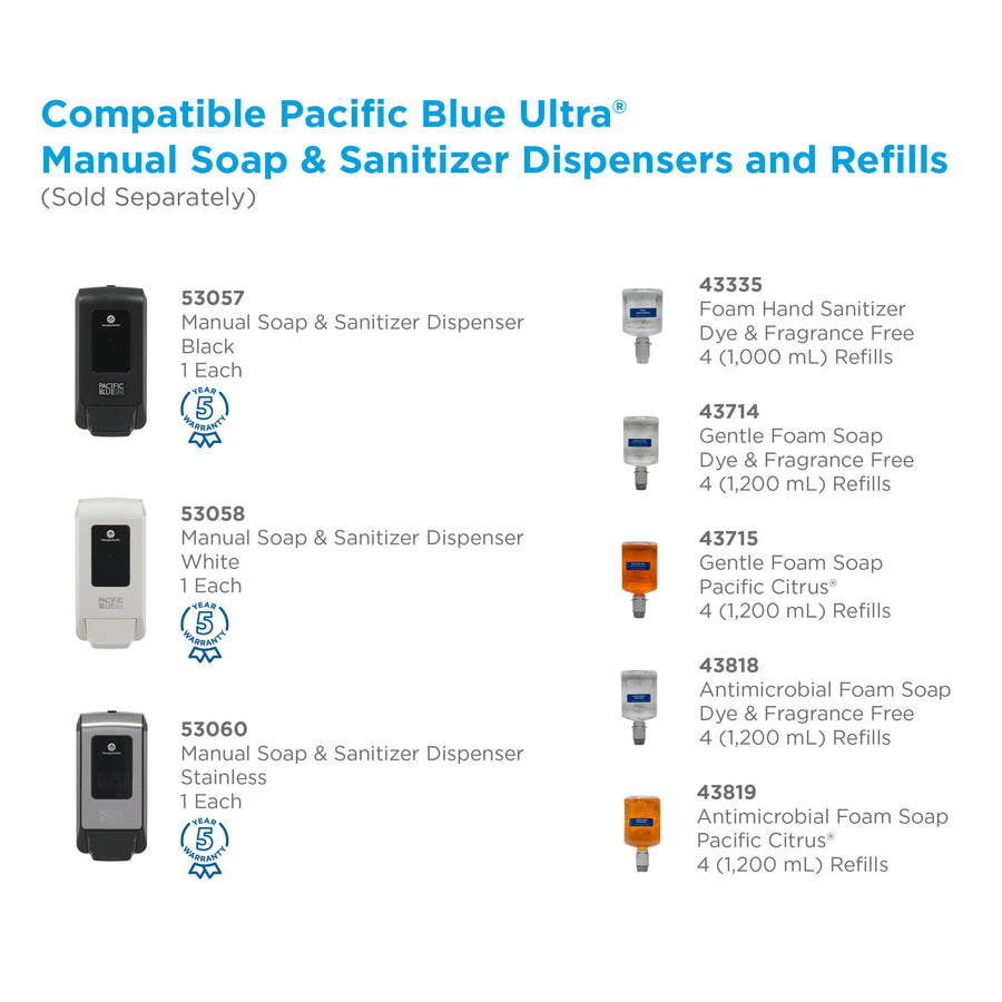 Pacific Blue Ultra Gentle Foam Hand Soap Manual Dispenser Refills - Pacific Citrus Scent - 1.27 quart - Squeeze Bottle Dispenser - Dirt Remover, Bacteria Remover - Skin - Orange - Rich Lather, Bio-based, VOC-free, pH Balanced - 4 / Carton