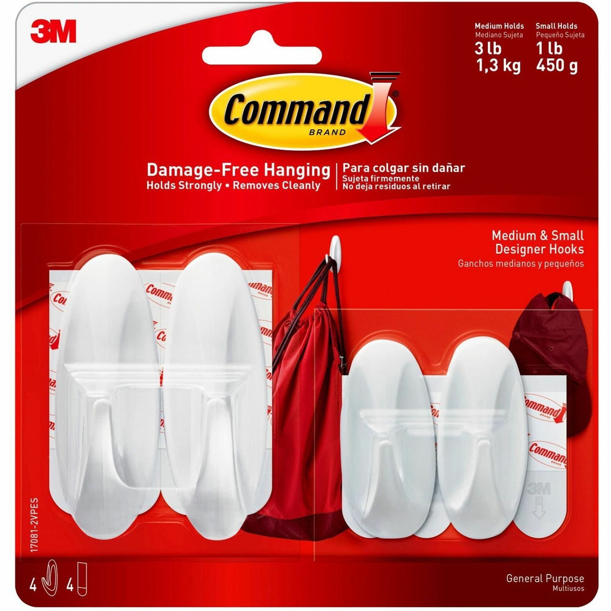 Command Small/Medium Designer Hook Value Pack - 3 lb (1.36 kg) Capacity - White - 4 / Pack