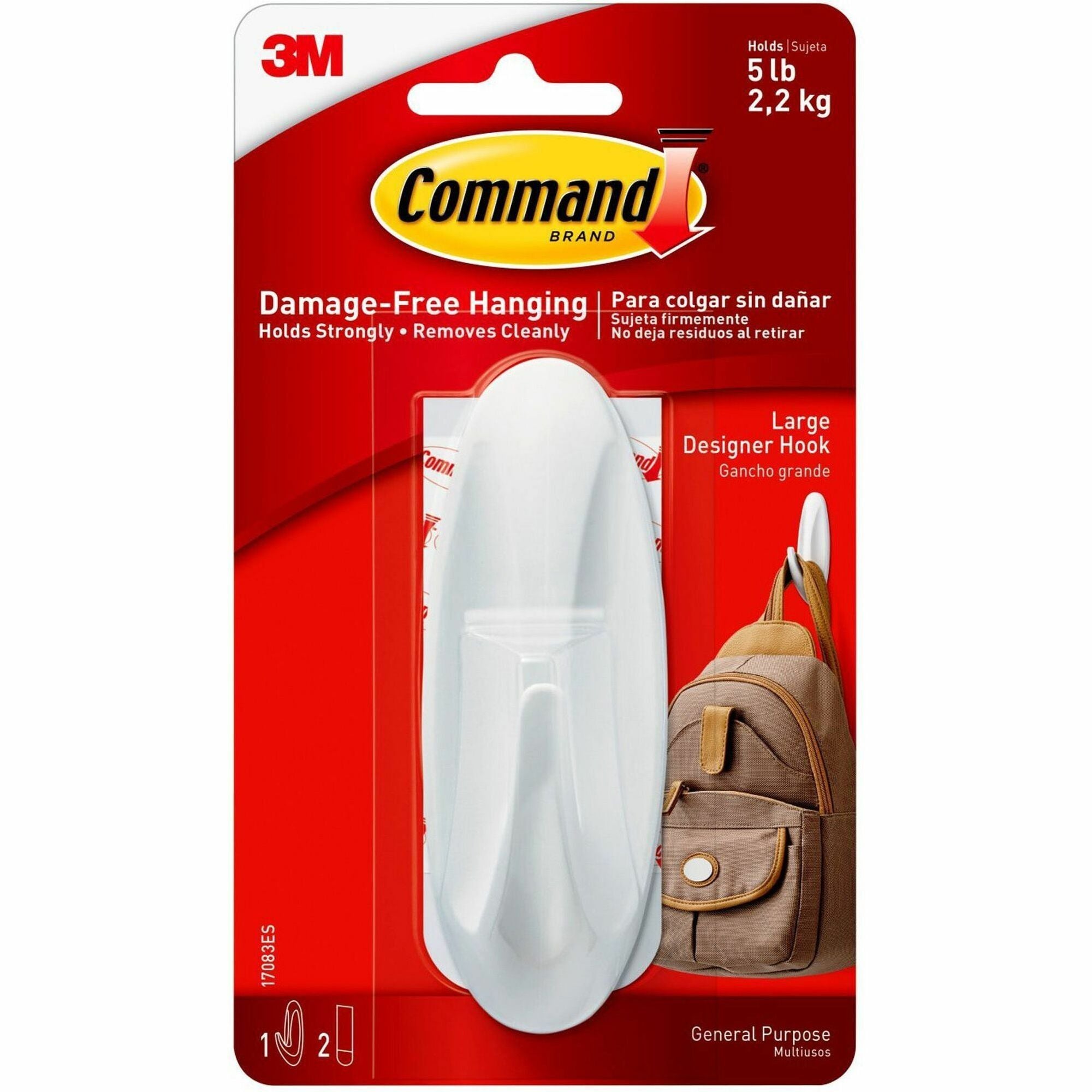 Command Large Designer Hook - 5 lb (2.27 kg) Capacity - Plastic - White - 1 / Pack