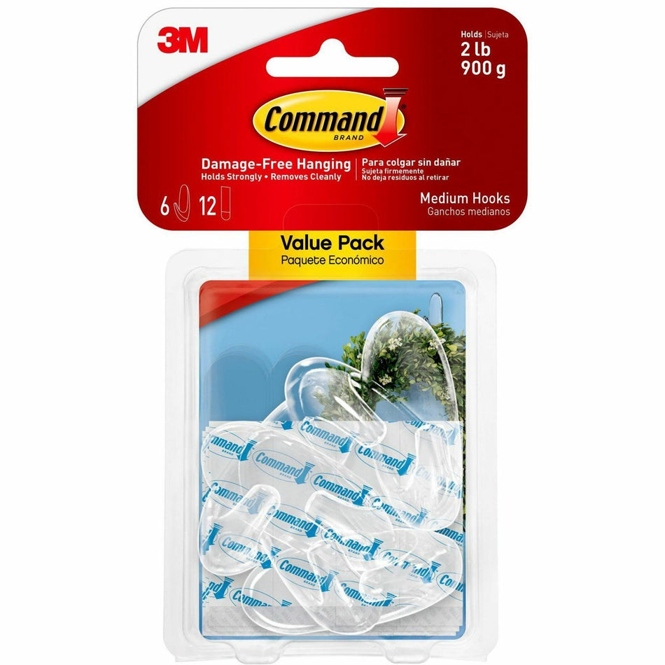 Command Medium Hooks - 2 lb (907.2 g) Capacity - Clear - 6 / Pack