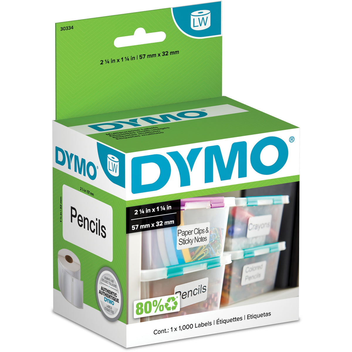 Dymo LW Multi-Purpose Labels - 2 1/4" Width x 1 1/4" Length - Removable Adhesive - White - 1000 Total Label(s) - 1000 / Roll