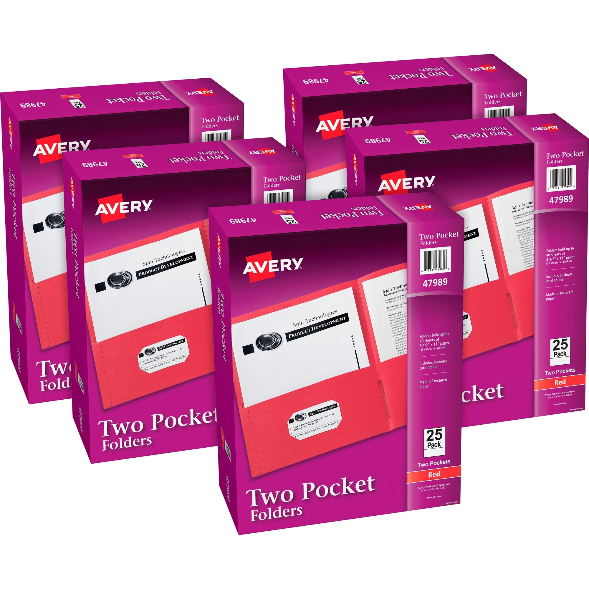 Avery®Letter Pocket Folder - 8 1/2" x 11" - 40 Sheets Capacity - 2 Internal Pocket(s) - Embossed Paper - Red - Embossed - 25/Box - 5 / Carton