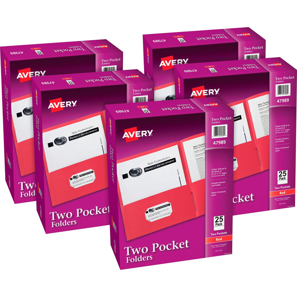 Avery®Letter Pocket Folder - 8 1/2" x 11" - 40 Sheets Capacity - 2 Internal Pocket(s) - Embossed Paper - Red - Embossed - 25/Box - 5 / Carton