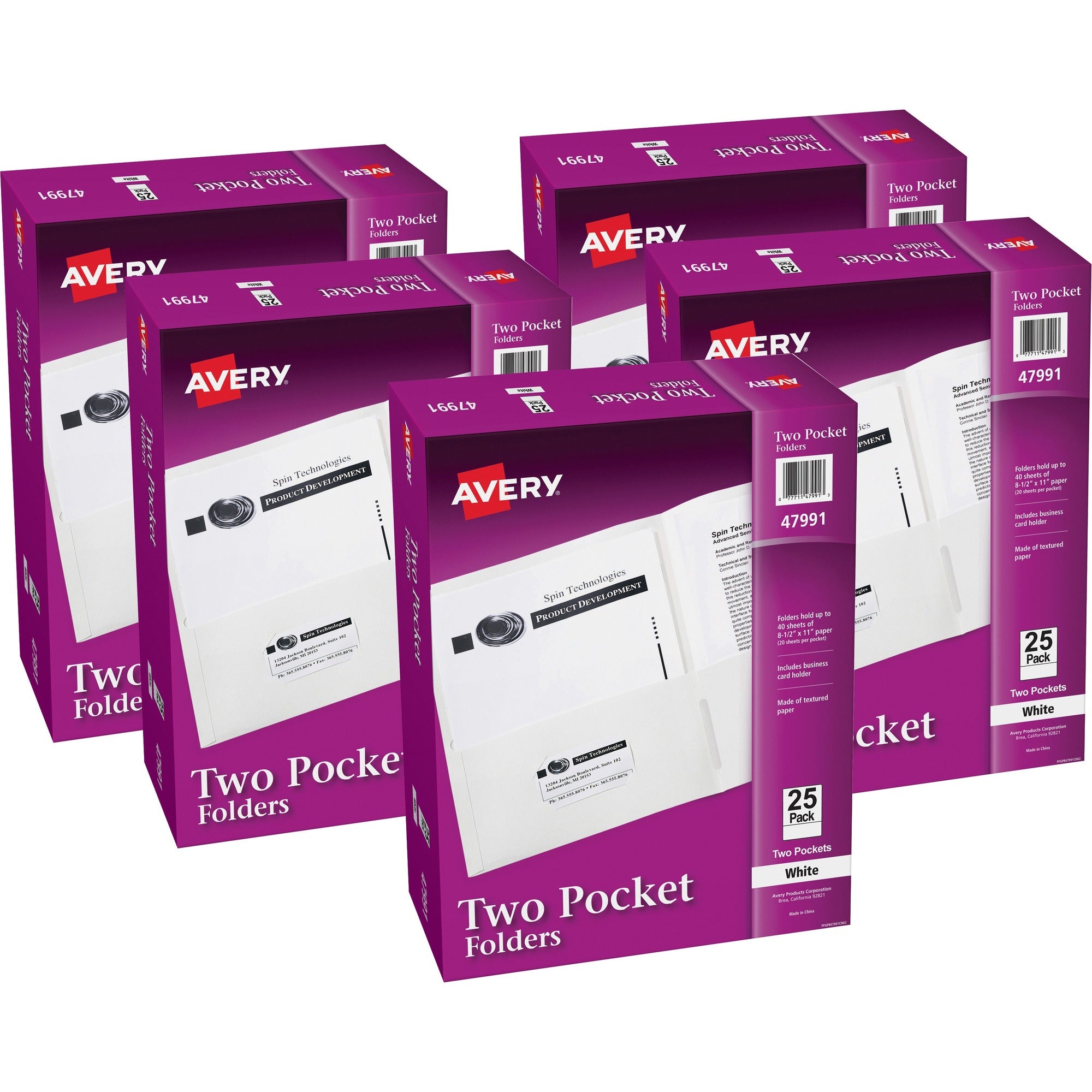 Avery®Letter Pocket Folder - 8 1/2" x 11" - 40 Sheets Capacity - 2 Internal Pocket(s) - Embossed Paper - White - Embossed - 25/Box - 5 / Carton