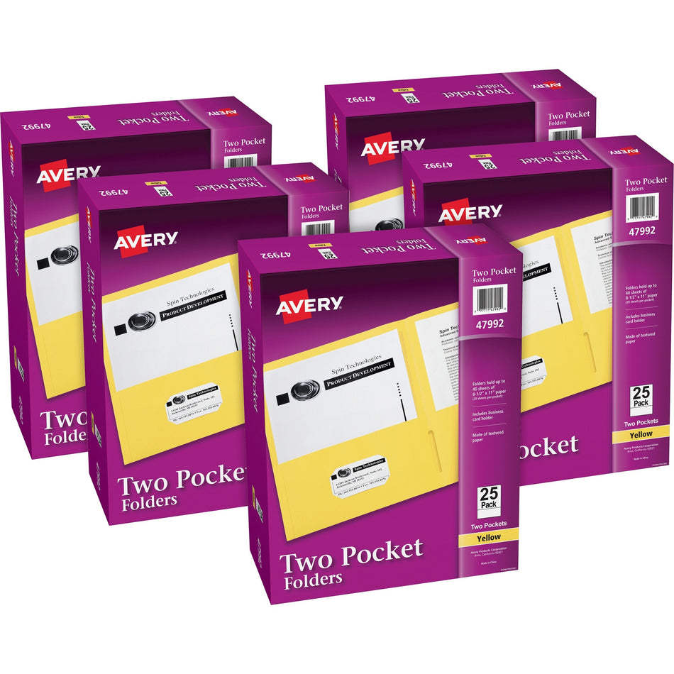 Avery®Letter Pocket Folder - 8 1/2" x 11" - 40 Sheets Capacity - 2 Internal Pocket(s) - Embossed Paper - Yellow - Embossed - 25/Box - 5 / Carton
