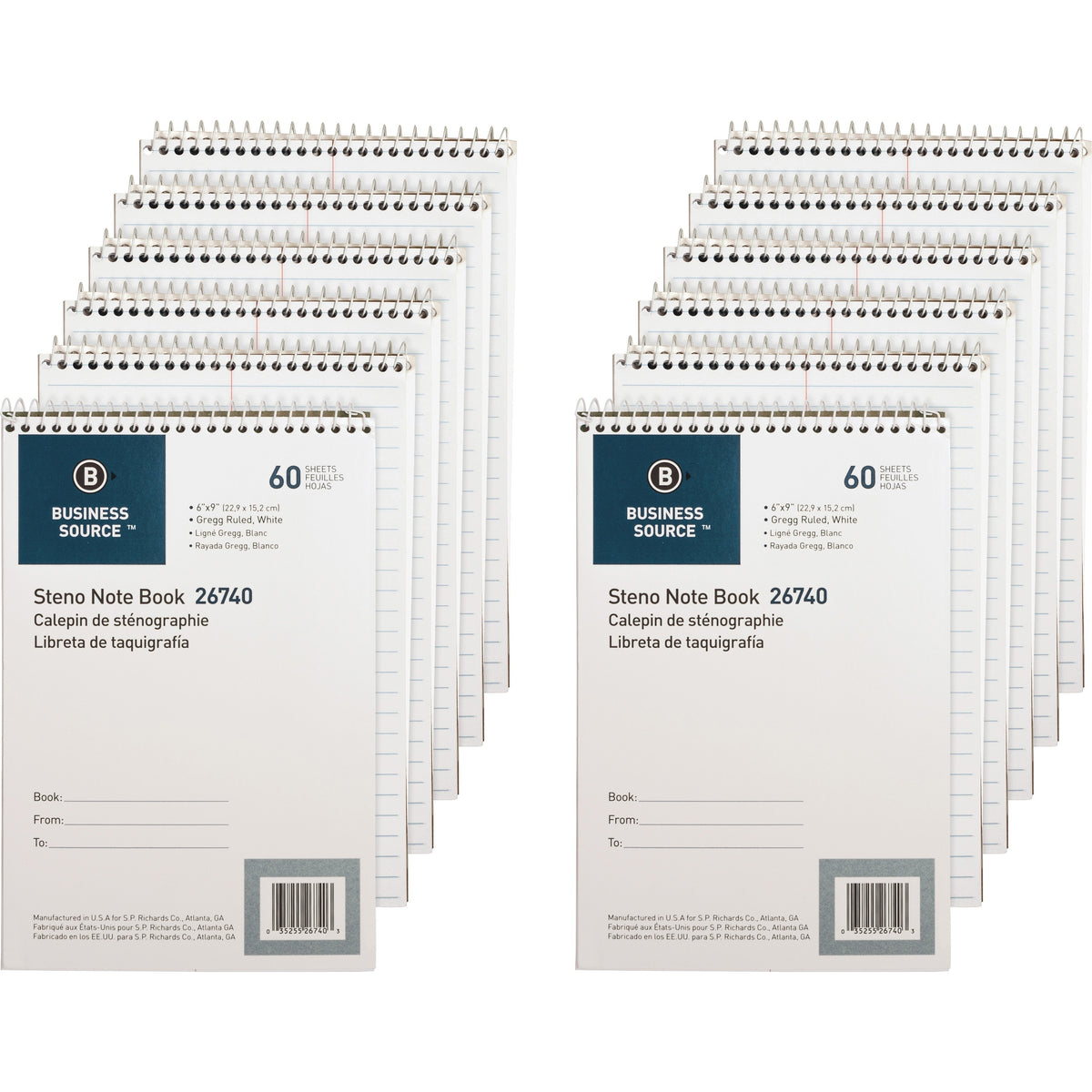 Business Source Steno Notebook - 60 Sheets - Wire Bound - Gregg Ruled Margin - 15 lb Basis Weight - 6" x 9" Sheet Size - White Paper - Stiff-back - 12 / Pack