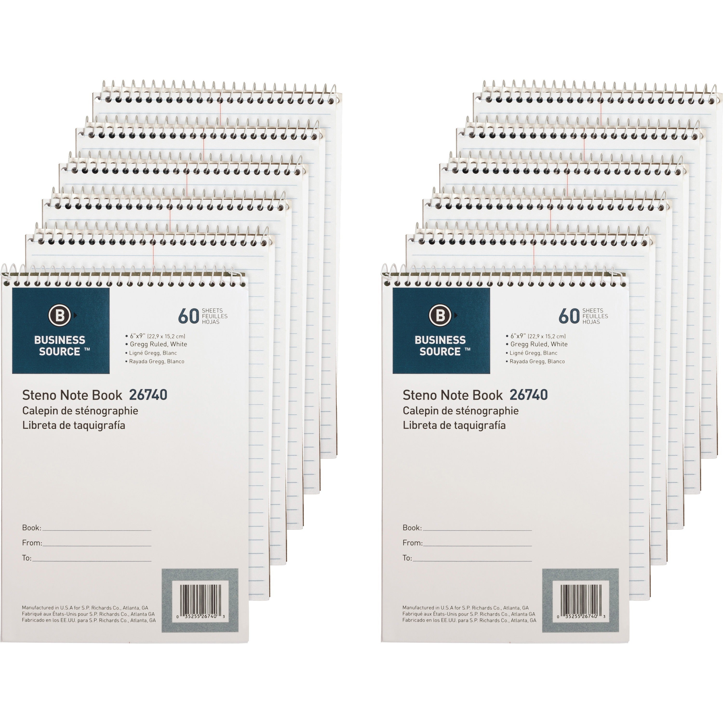 Business Source Steno Notebook - 60 Sheets - Wire Bound - Gregg Ruled Margin - 15 lb Basis Weight - 6" x 9" Sheet Size - White Paper - Stiff-back - 12 / Pack