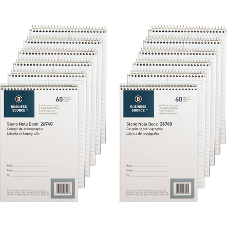 Business Source Steno Notebook - 60 Sheets - Wire Bound - Gregg Ruled Margin - 15 lb Basis Weight - 6" x 9" Sheet Size - White Paper - Stiff-back - 12 / Pack