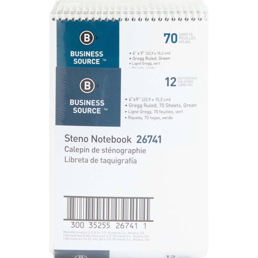 Business Source Steno Notebook - 70 Sheets - Wire Bound - Gregg Ruled Margin - 15 lb Basis Weight - 6" x 9" Sheet Size - Green Paper - Stiff-back - 12 / Pack