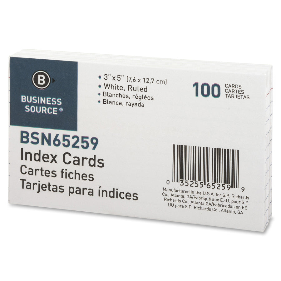 Business Source Ruled Index Cards - Front Ruling Surface - Ruled Front Ruling - 72 lb Basis Weight - 5" x 3" Sheet Size - White Paper - 100/Pack - 10 / Box