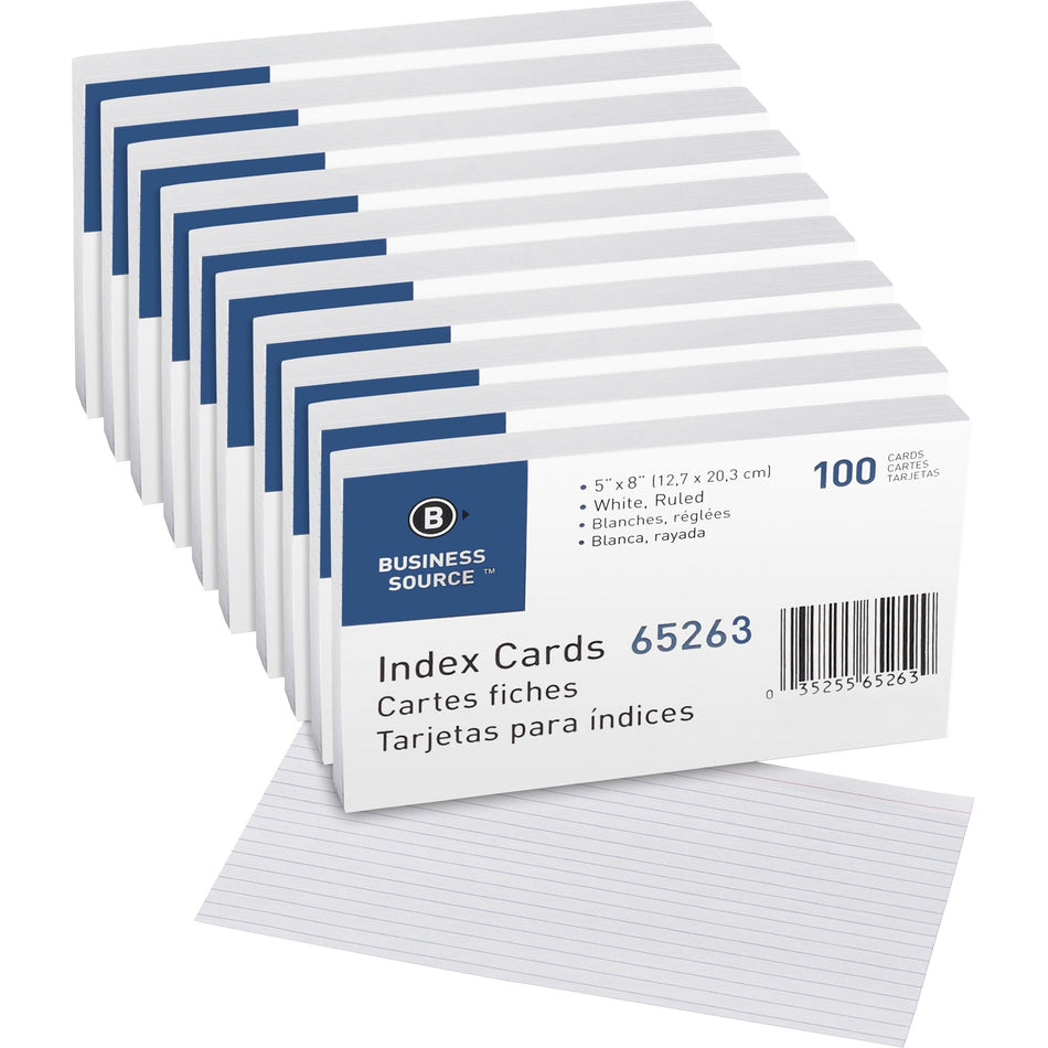 Business Source Ruled Index Cards - Front Ruling Surface - Ruled Front Ruling - 72 lb Basis Weight - 8" x 5" Sheet Size - White Paper - 100/Pack - 5 / Box