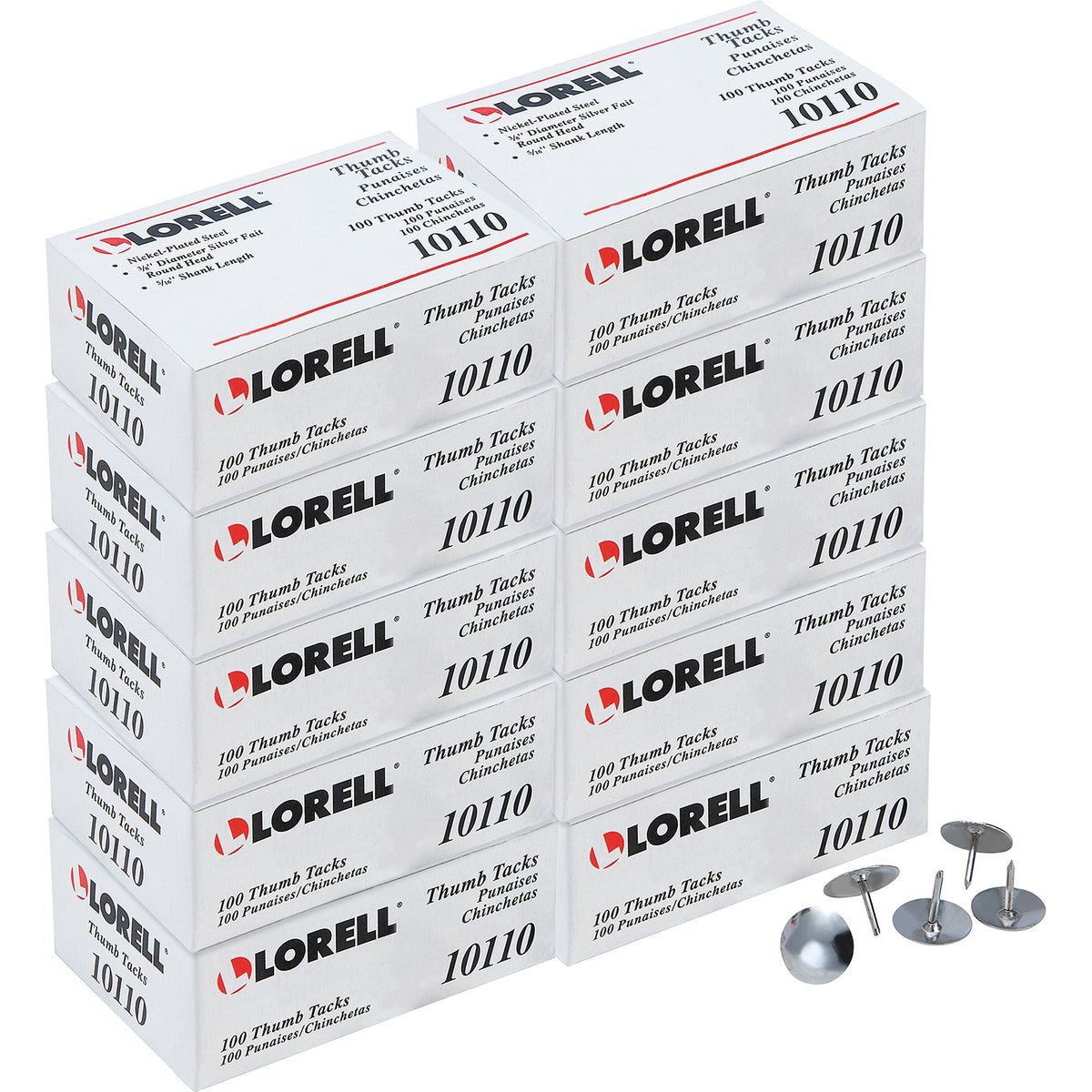 Lorell 5/16" Long Thumb Tacks - 0.31" Shank - 0.38" Head - for Schedule, Wall - Silver - Nickel Plated Steel - 100/Pack - 10 / Box