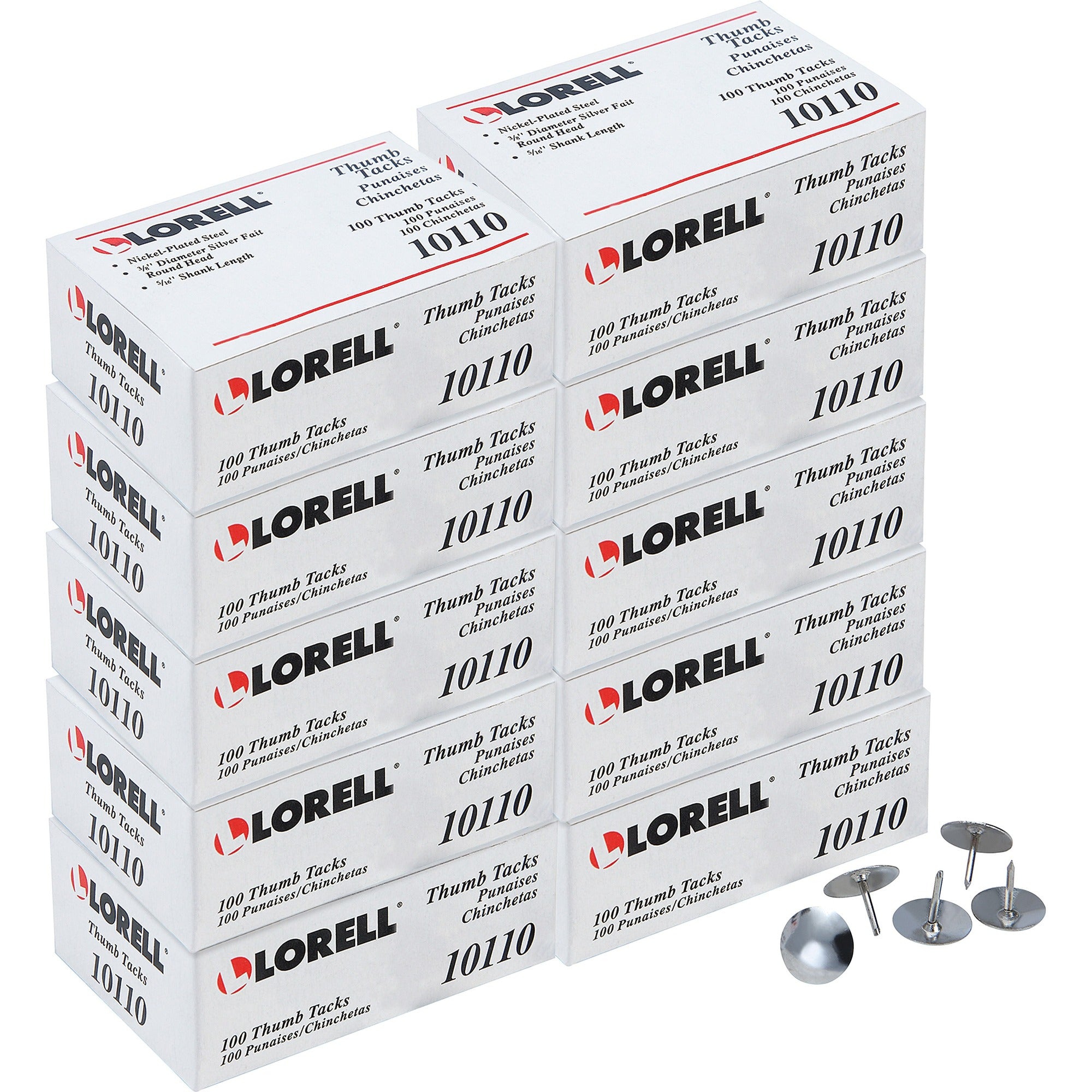 Lorell 5/16" Long Thumb Tacks - 0.31" Shank - 0.38" Head - for Schedule, Wall - Silver - Nickel Plated Steel - 100/Pack - 10 / Box