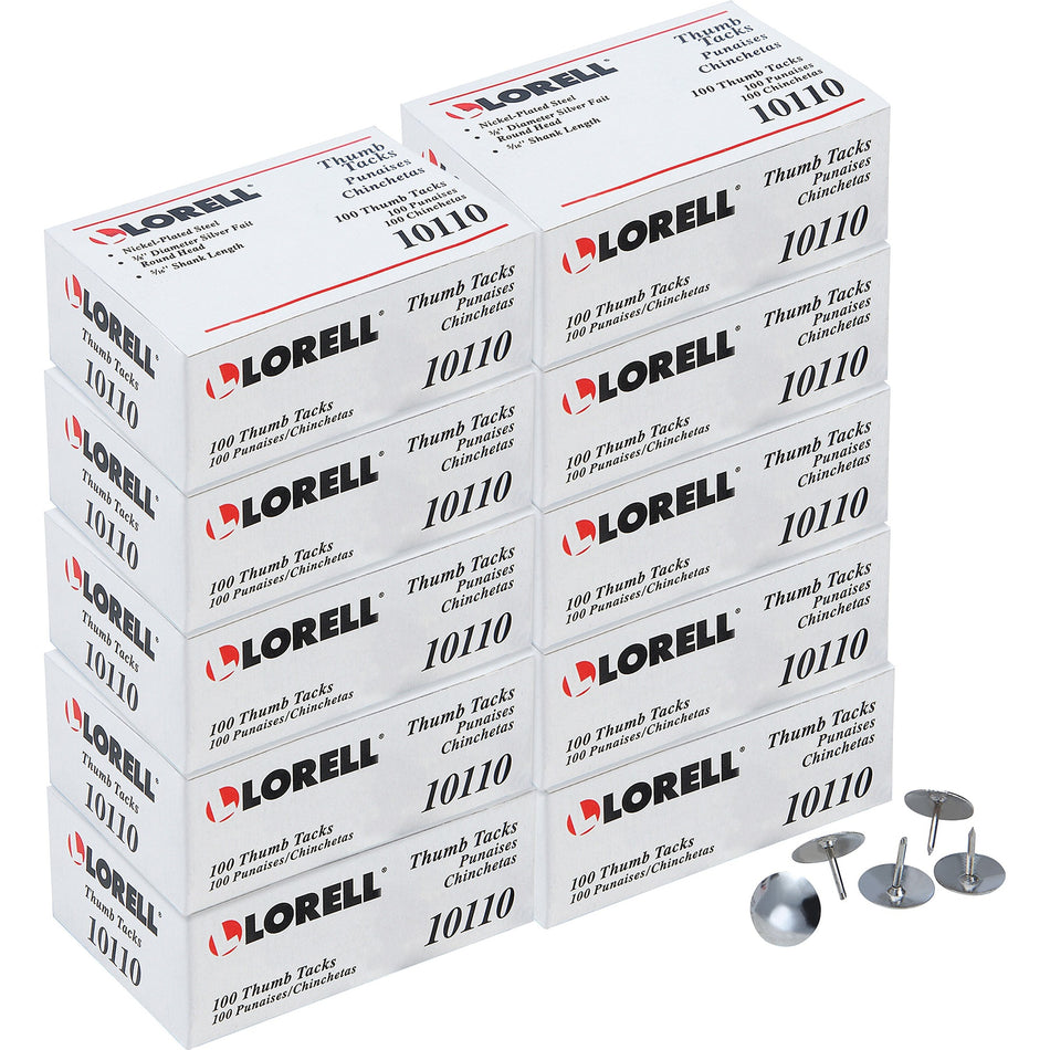 Lorell 5/16" Long Thumb Tacks - 0.31" Shank - 0.38" Head - for Schedule, Wall - Silver - Nickel Plated Steel - 100/Pack - 10 / Box