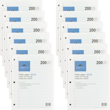 Sparco 3-hole Punched Filler Paper - 2400 Sheets - College Ruled Front Ruling - Ruled Red Margin - 16 lb Basis Weight - 8" x 10 1/2" Sheet Size - White Paper - Bleed-free - 200/Pack - 12 / Bundle