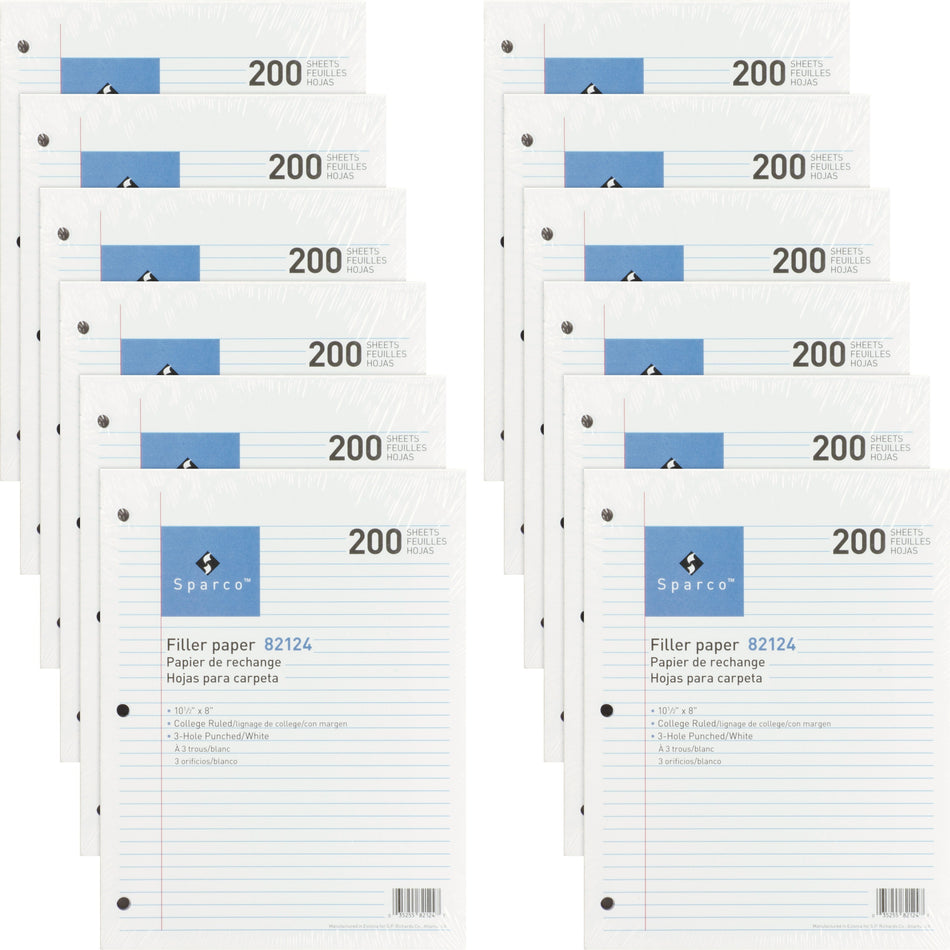 Sparco 3-hole Punched Filler Paper - 2400 Sheets - College Ruled Front Ruling - Ruled Red Margin - 16 lb Basis Weight - 8" x 10 1/2" Sheet Size - White Paper - Bleed-free - 200/Pack - 12 / Bundle