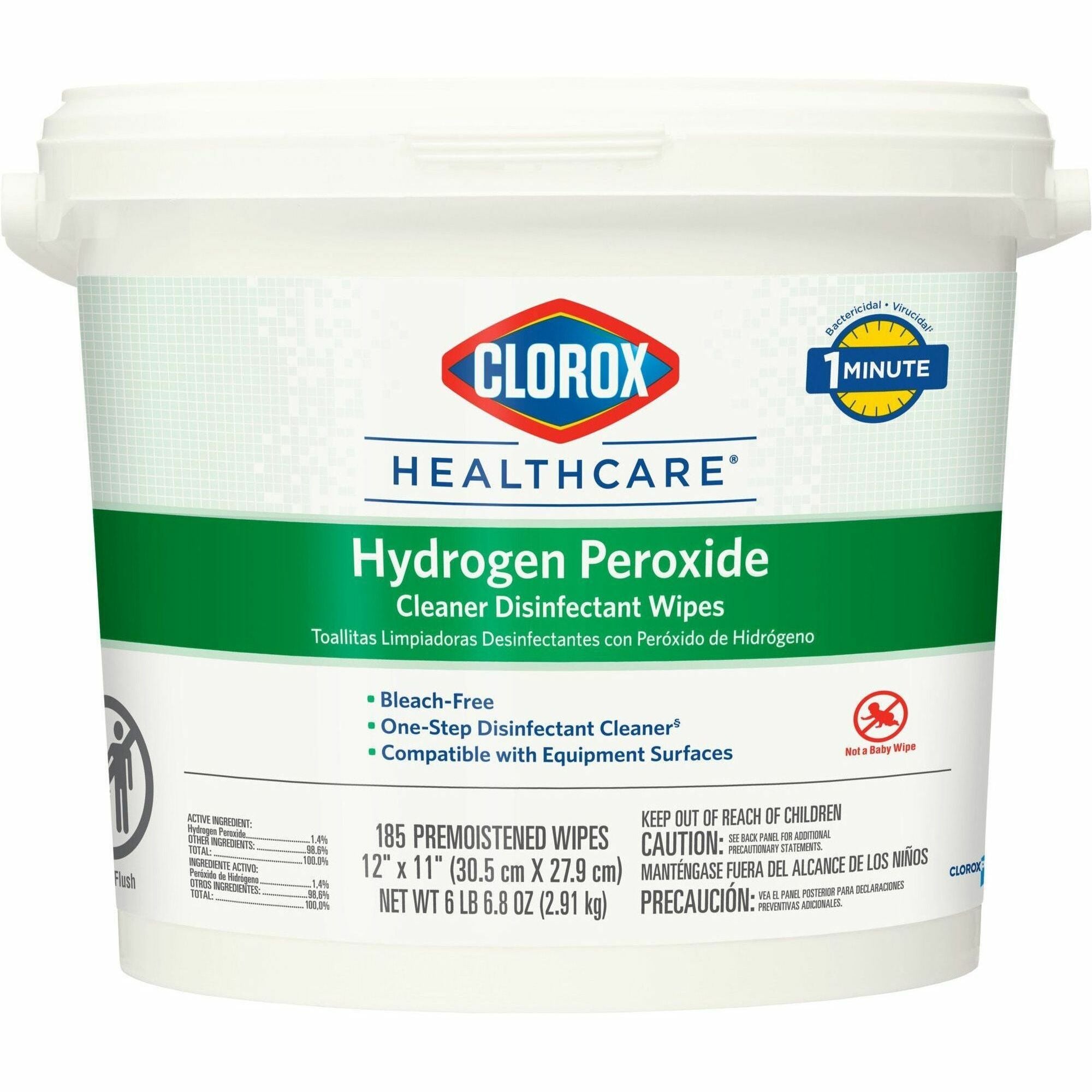 Clorox Healthcare Hydrogen Peroxide Cleaner Disinfectant Wipes - 11" Length x 12" Width - Recommended For: Soap Scum Remover - Pre-moistened, Disinfectant, Deodorize, Anti-bacterial - White - 185/Tub - 1 Each
