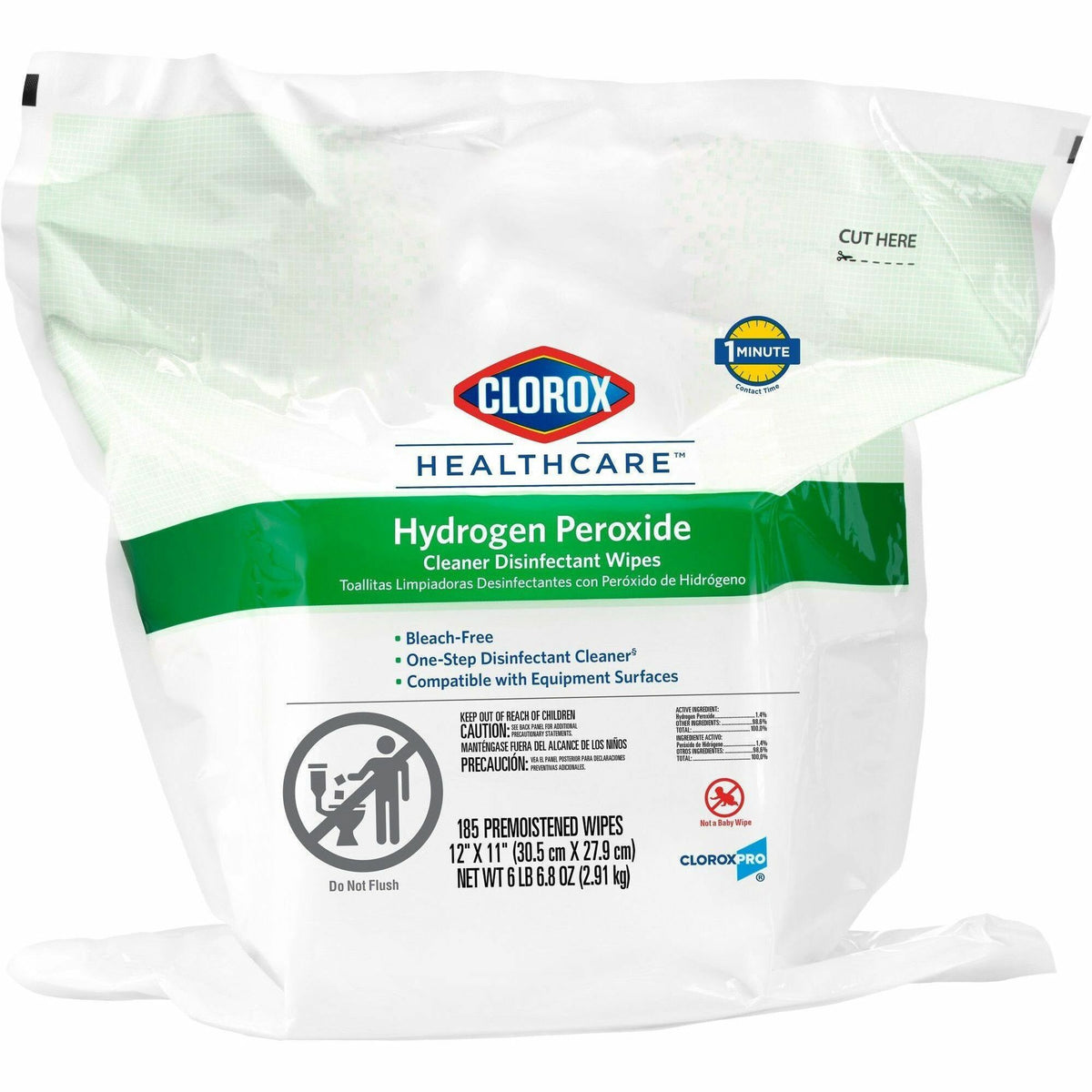 Clorox Healthcare Clorox Healthcare Hydrogen Peroxide Cleaner Disinfectant Wipes Bucket Refill - 11" Length x 12" Width - Recommended For: Soap Scum Remover - Pre-moistened, Disinfectant, Deodorize, Anti-bacterial - White - 185/Pack - 1 Each